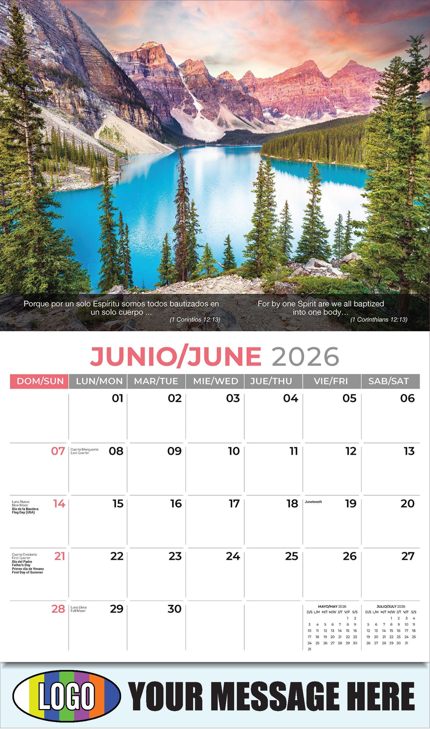 2026 Business Advertising Calendar - Faith Passages Bilingual - June - (1 Corintios 12:13)