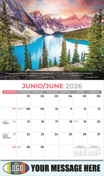 2026 Business Advertising Calendar - Faith Passages Bilingual - June - (1 Corintios 12:13)