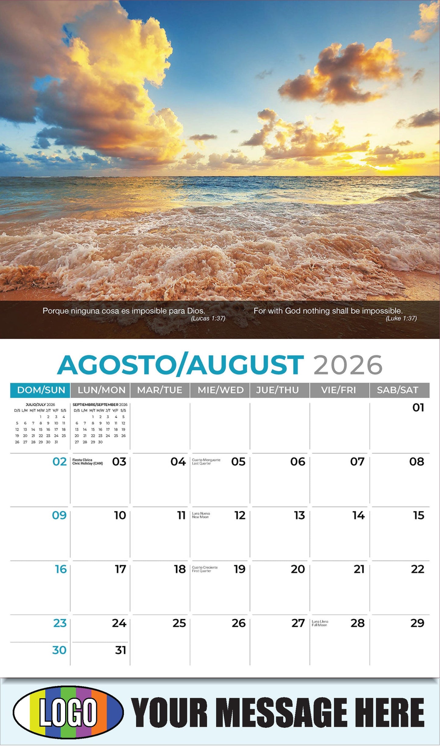 2026 Business Promo Calendar - Faith Passages Bilingual - August - (Lucas 1:37)