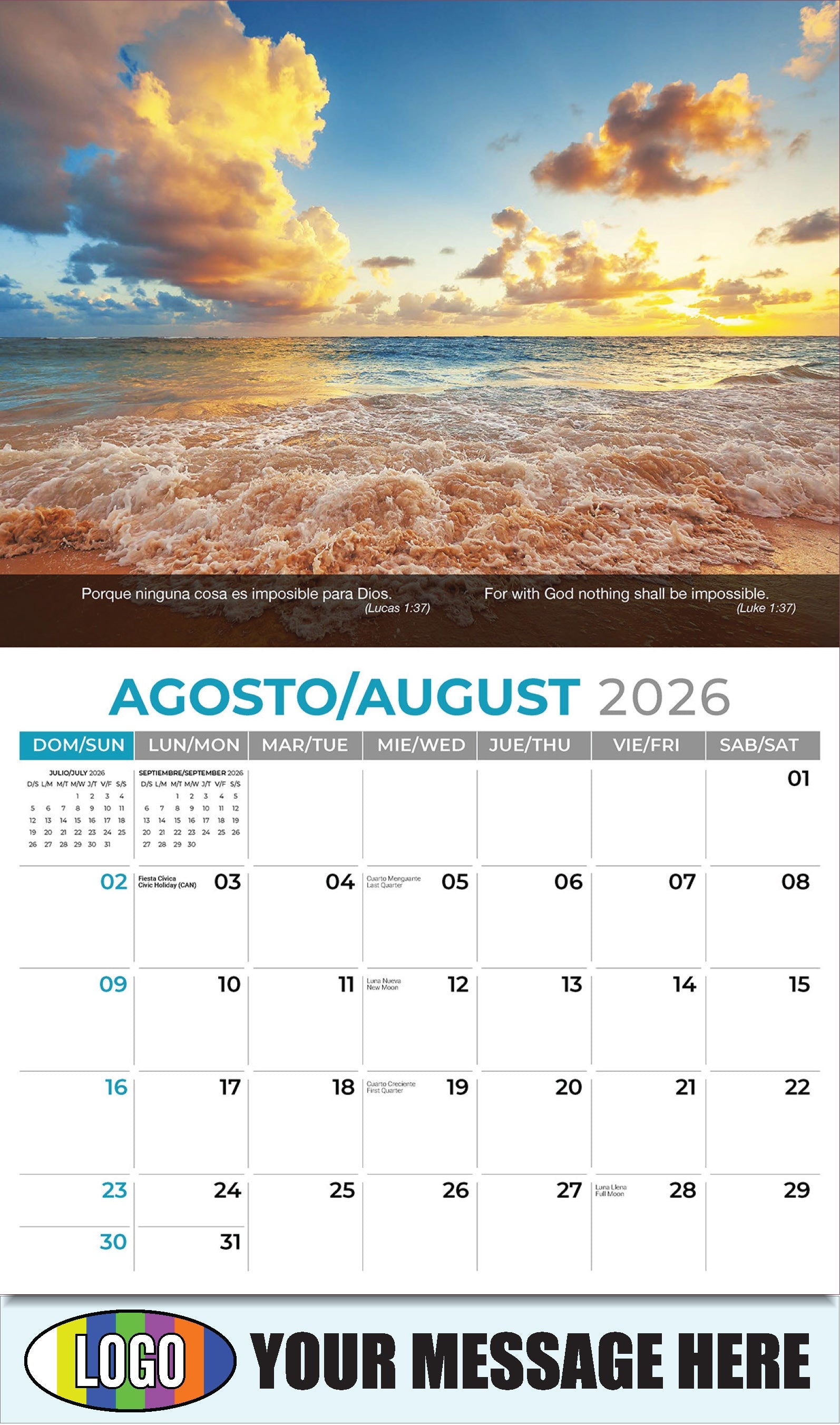 2026 Business Promo Calendar - Faith Passages Bilingual - August - (Lucas 1:37)