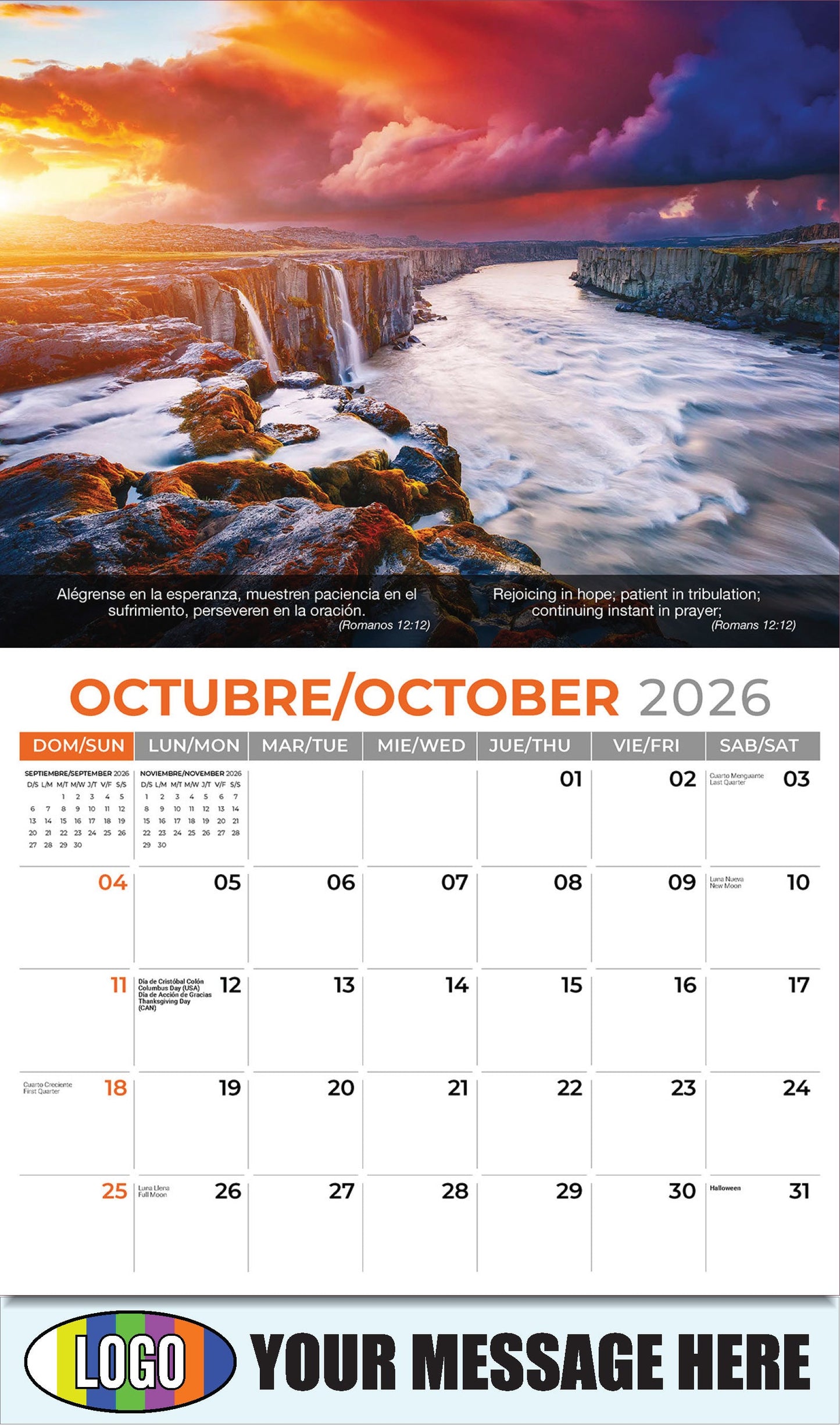 2026 Business Promotion Calendar - Faith Passages Bilingual - October - (Romanos 12:12)