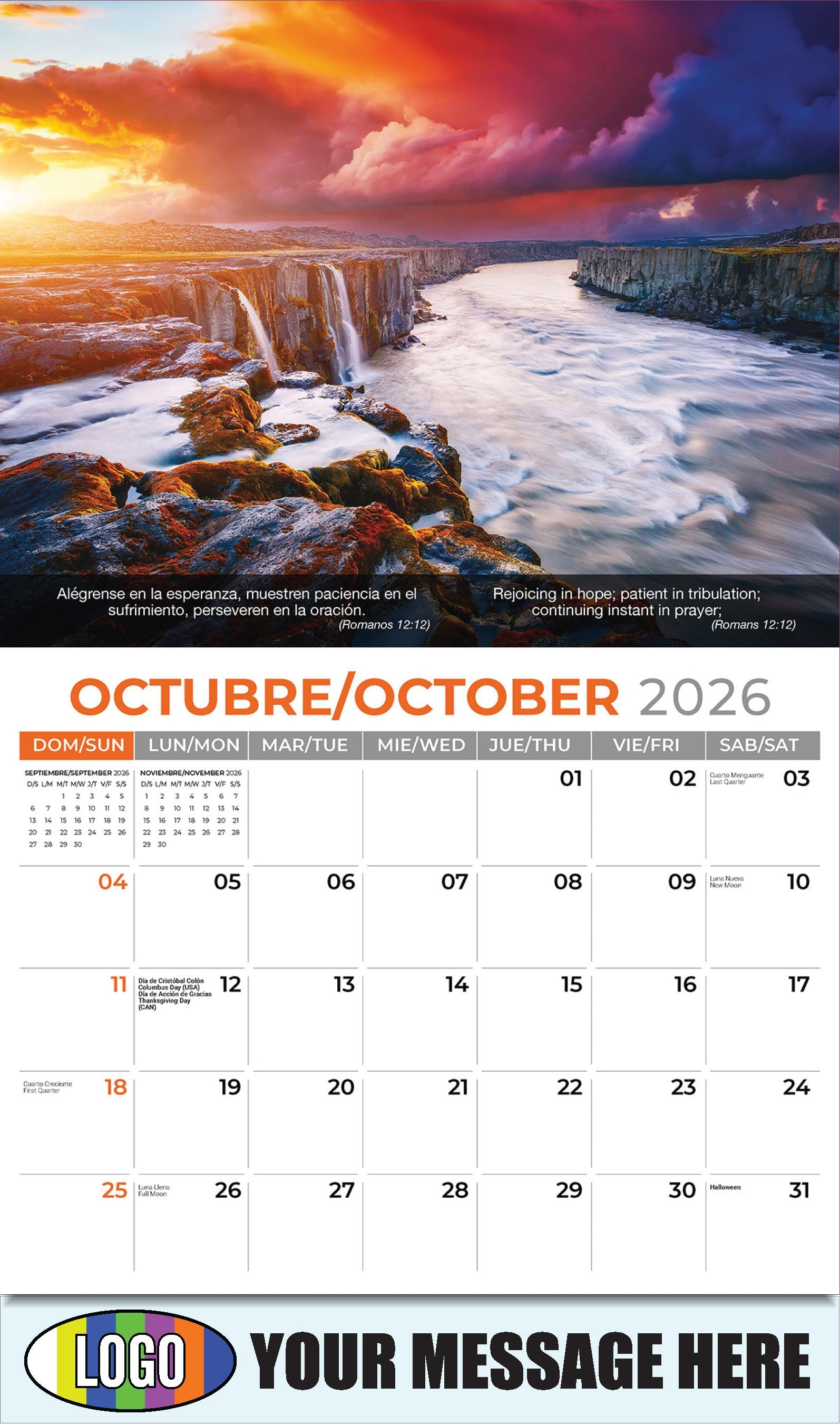 2026 Business Promotion Calendar - Faith Passages Bilingual - October - (Romanos 12:12)