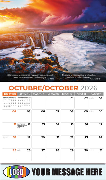 2026 Business Promotion Calendar - Faith Passages Bilingual - October - (Romanos 12:12)
