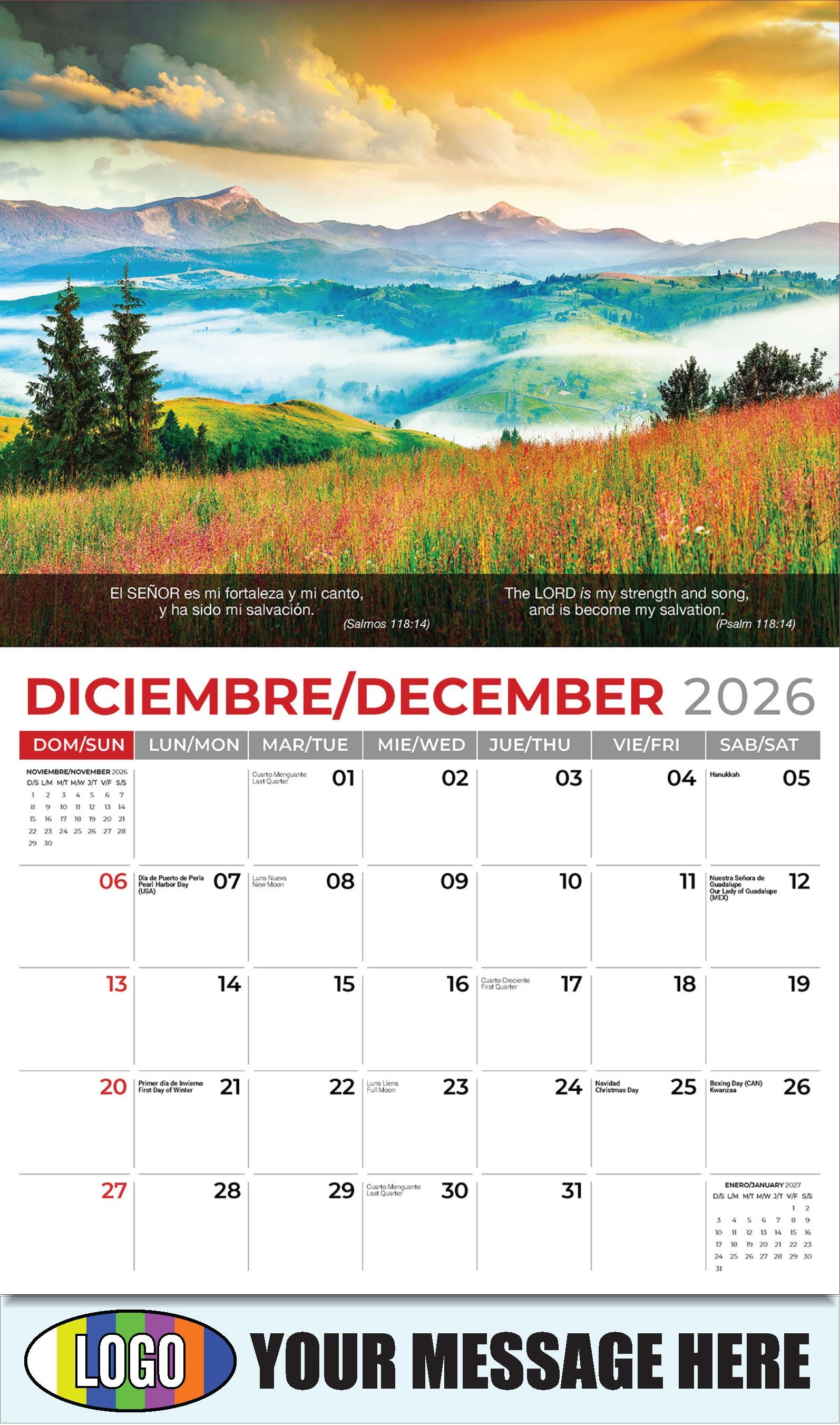 2026 Business Promotion Calendar - Faith Passages Bilingual - December - (Salmos 118:14)