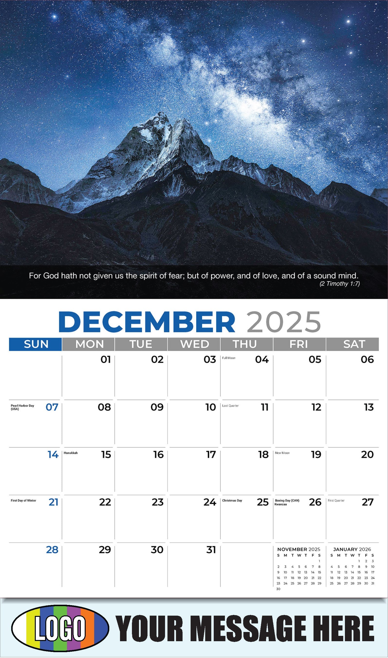 2026 Business Promotional Calendar - Faith Passages - December_a - (2 Timothy l:7)