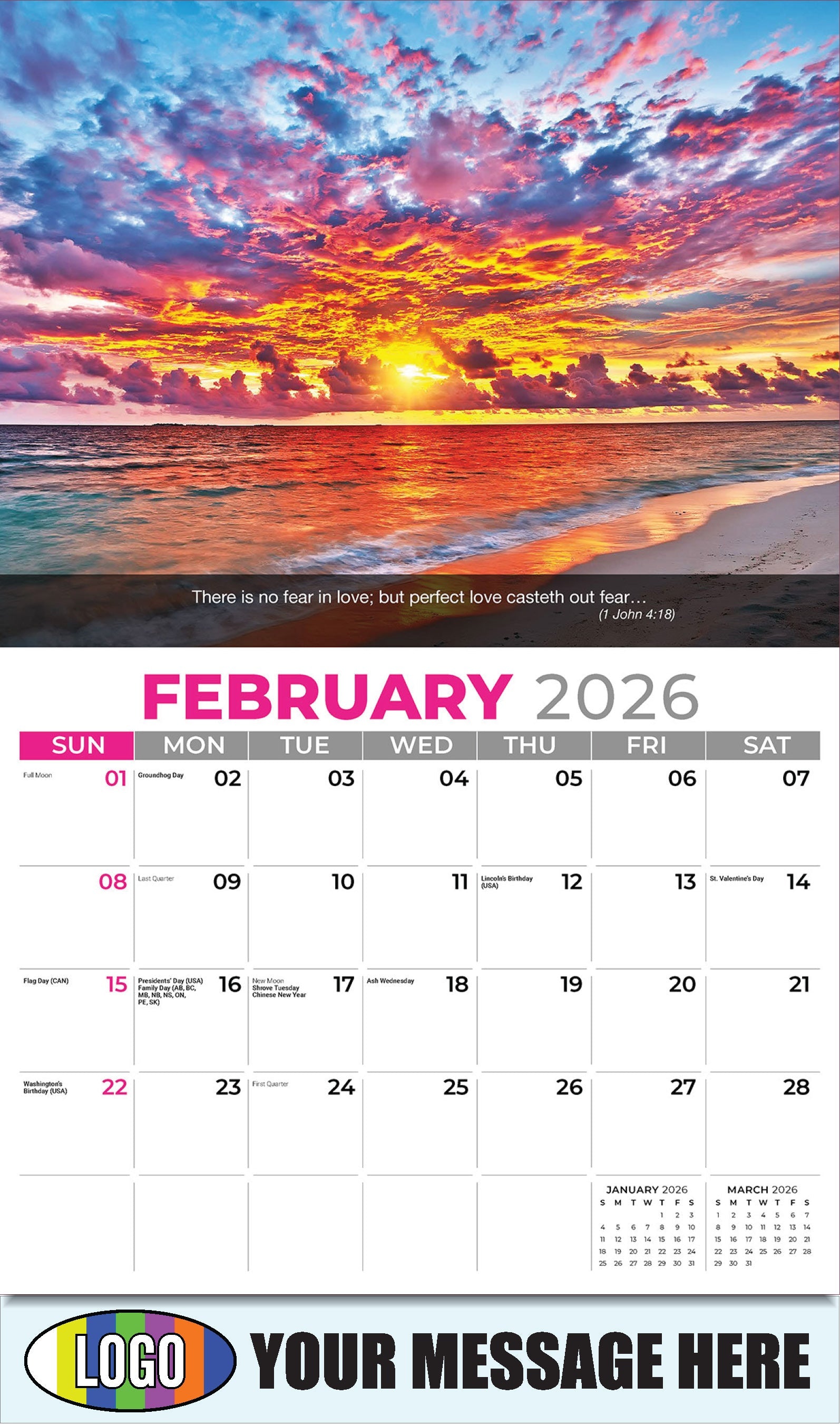 2026 Business Promotional Calendar - Faith Passages - February - (1 John 4:18) 