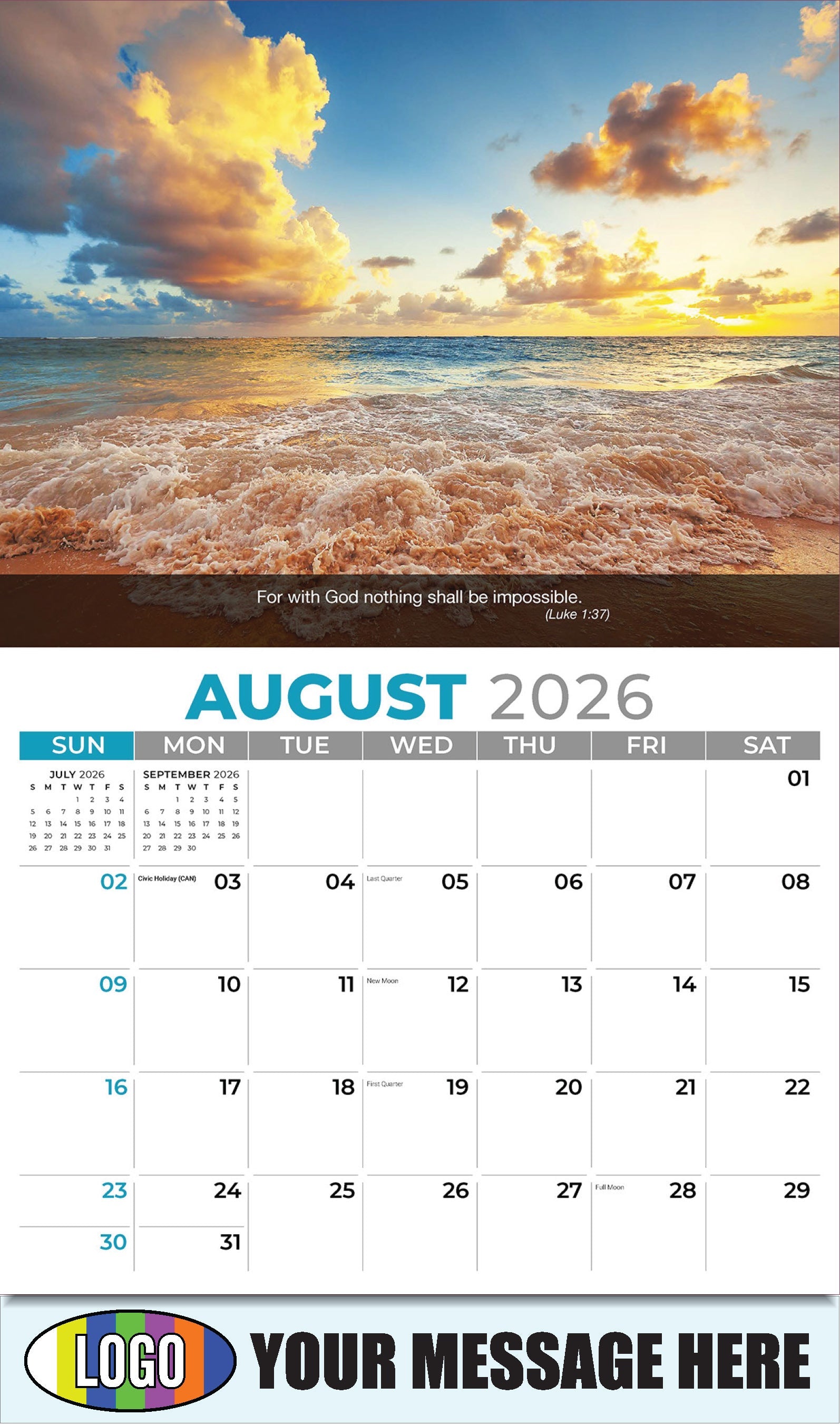 2026 Business Promo Calendar - Faith Passages - August - (Luke 1:37)