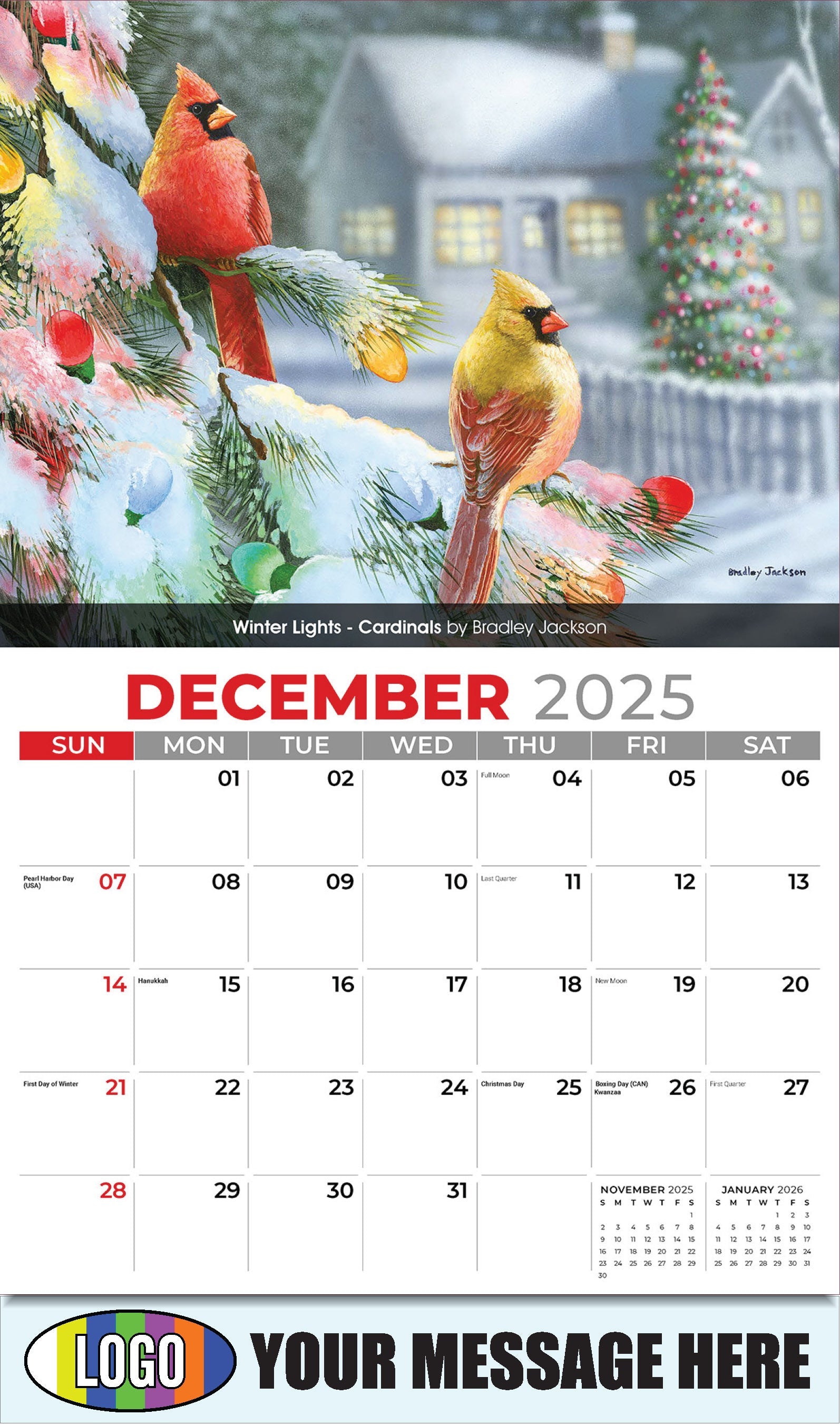 2026 Business Promotional Calendar - Garden Birds - Winter Lights - Cardinals by Bradley Jackson - December_a