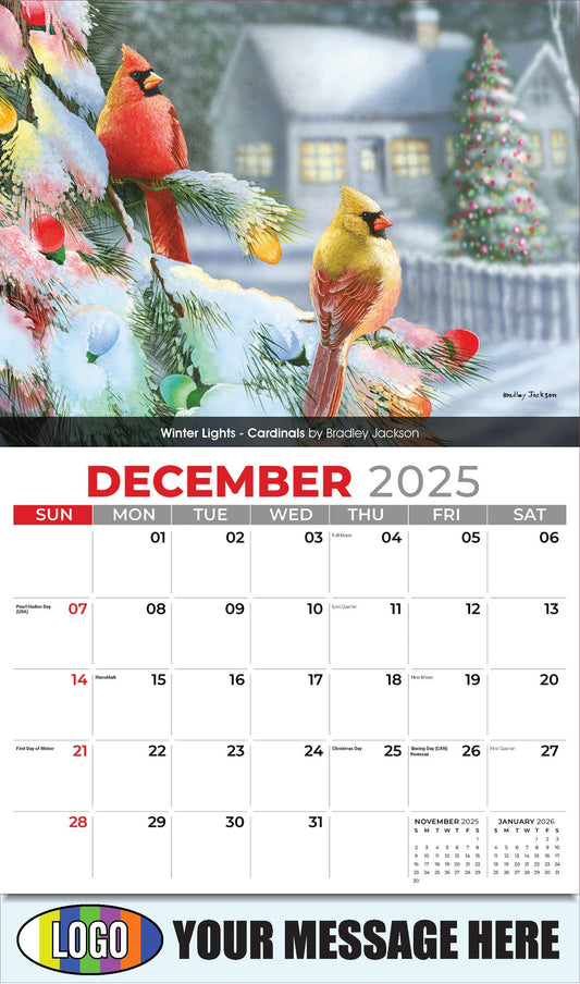 2026 Business Promotional Calendar - Garden Birds - Winter Lights - Cardinals by Bradley Jackson - December_a