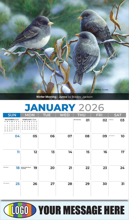 2026 Business Promotional Calendar - Garden Birds - Winter Morning - Junco by Bradley Jackson - January