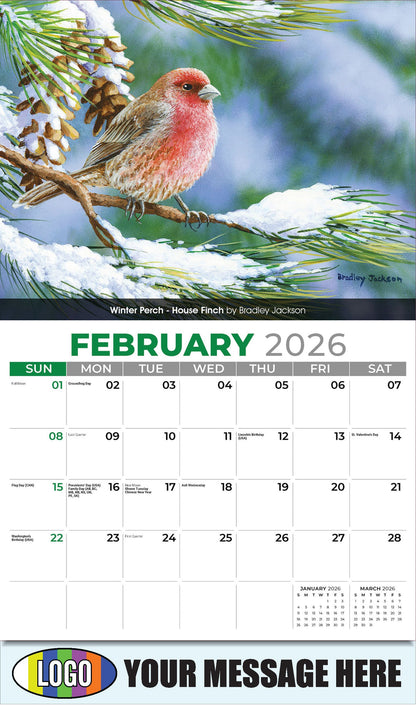 2026 Business Promotional Calendar - Garden Birds - Winter Perch - House Finch by Bradley Jackson - February