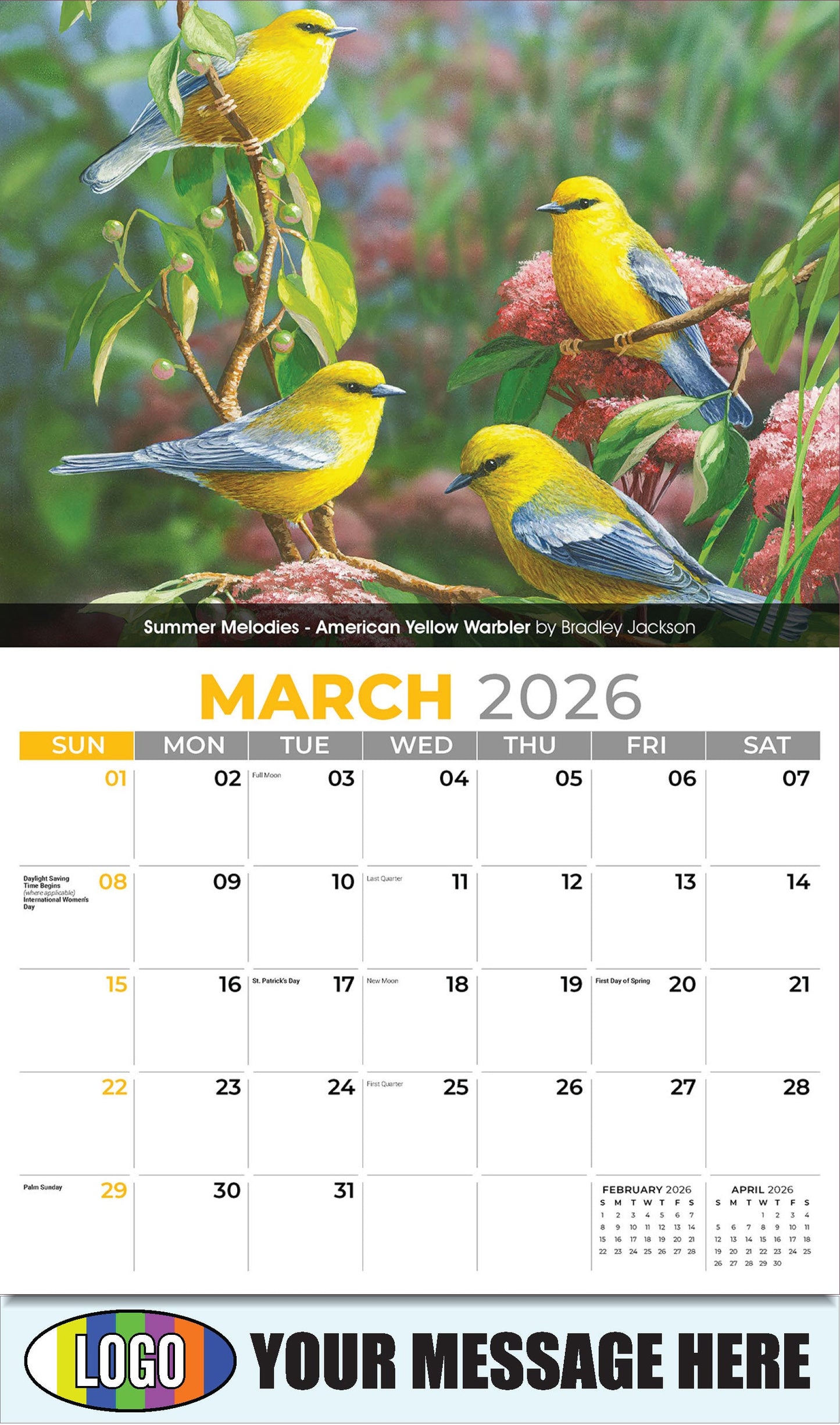 2026 Business Promotional Calendar - Garden Birds - Summer Melodies - American Yellow Warbler by Bradley Jackson - March