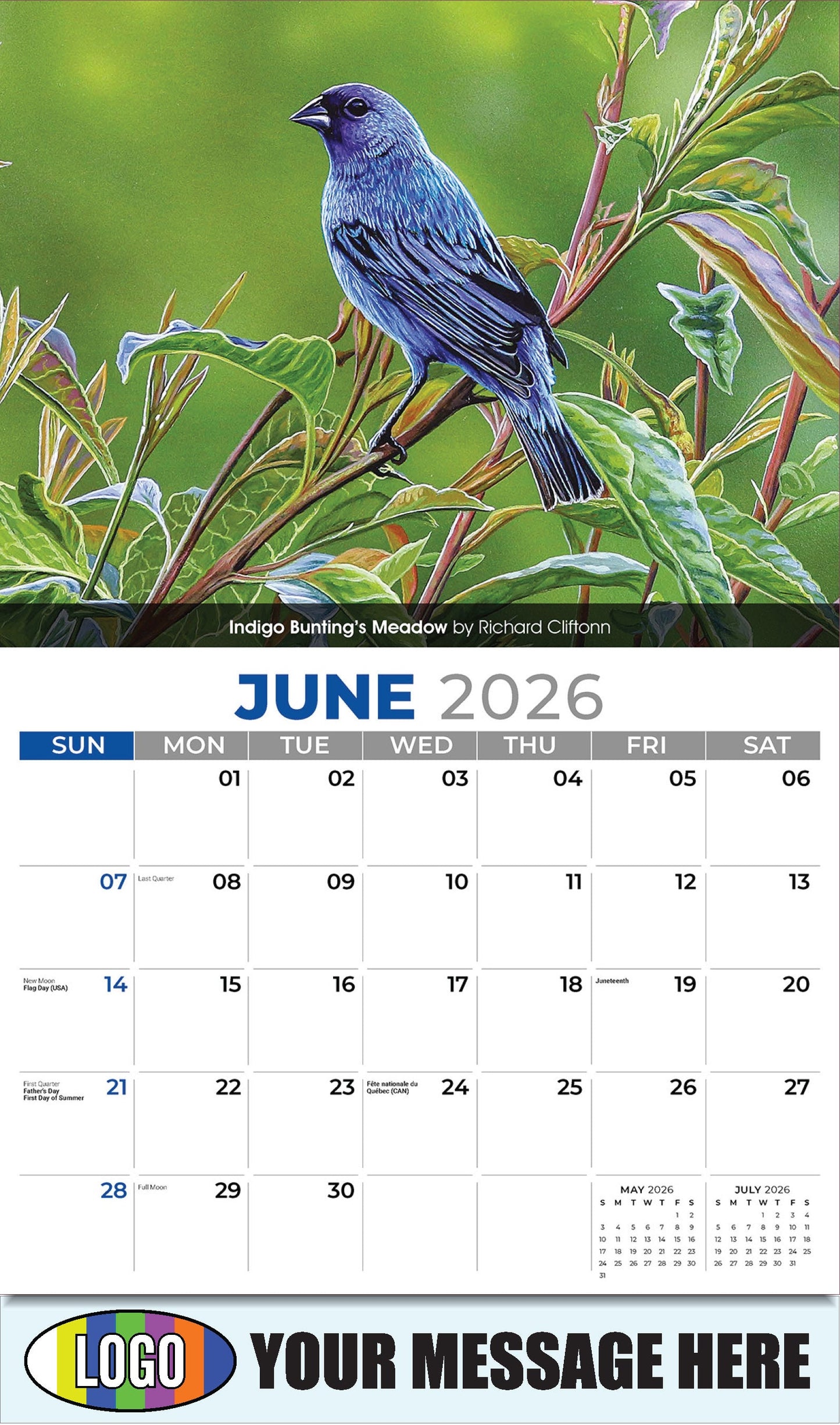 2026 Business Advertising Calendar - Garden Birds - Indigo Bunting's Meadow by Richard Cliftonn - June