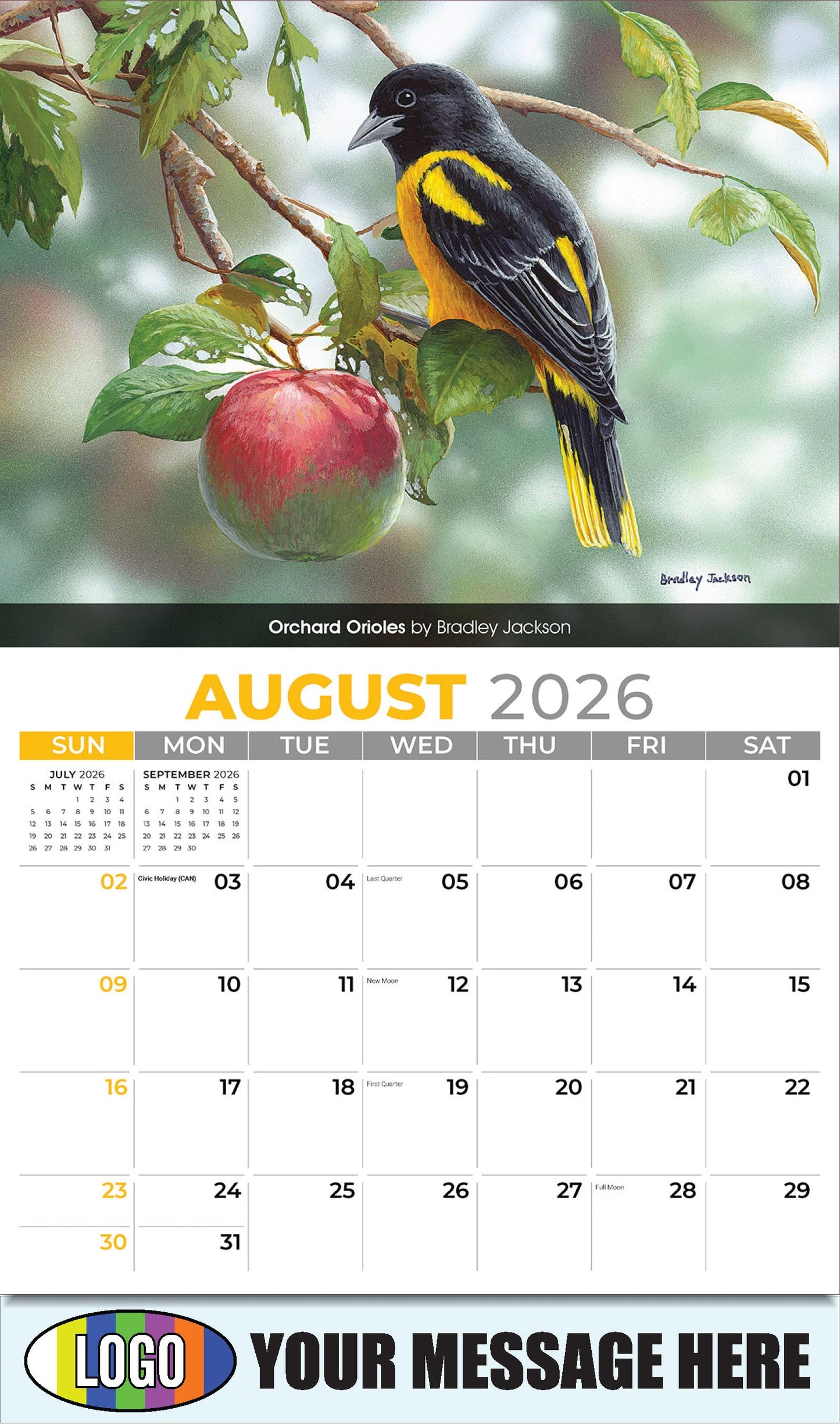 2026 Business Promo Calendar - Garden Birds - Orchard Orioles by Bradley Jackson - August