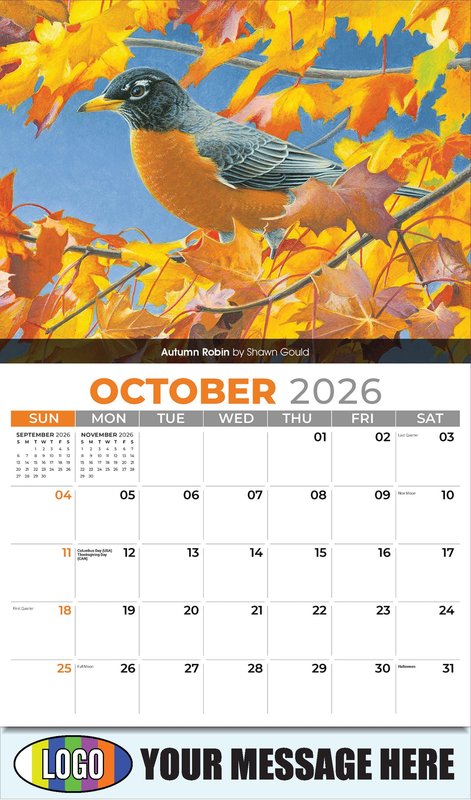 2026 Business Promotion Calendar - Garden Birds - Autumn Robin by Shawn Gould - October