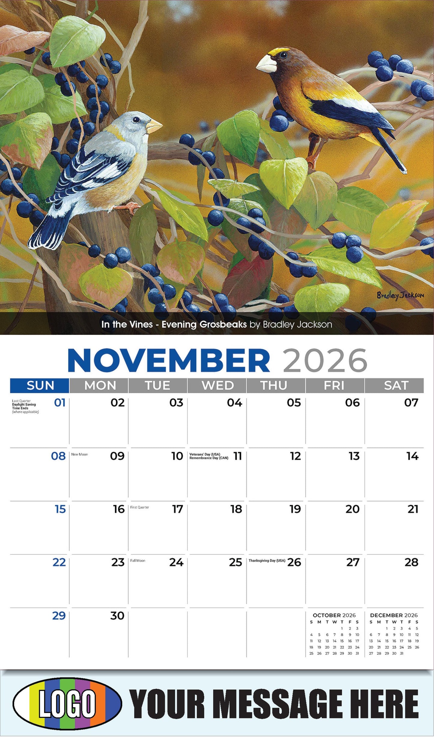 2026 Business Promotion Calendar - Garden Birds - In the Vines - Evening Grosbeaks by Bradley Jackson - November