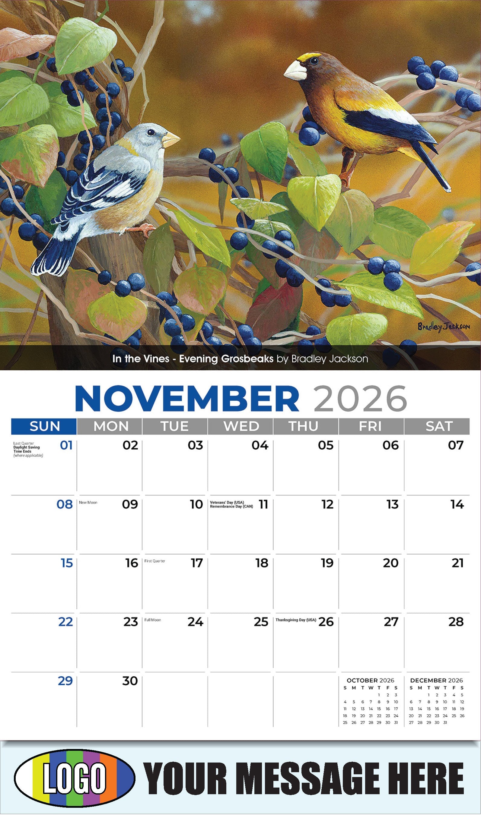2026 Business Promotion Calendar - Garden Birds - In the Vines - Evening Grosbeaks by Bradley Jackson - November