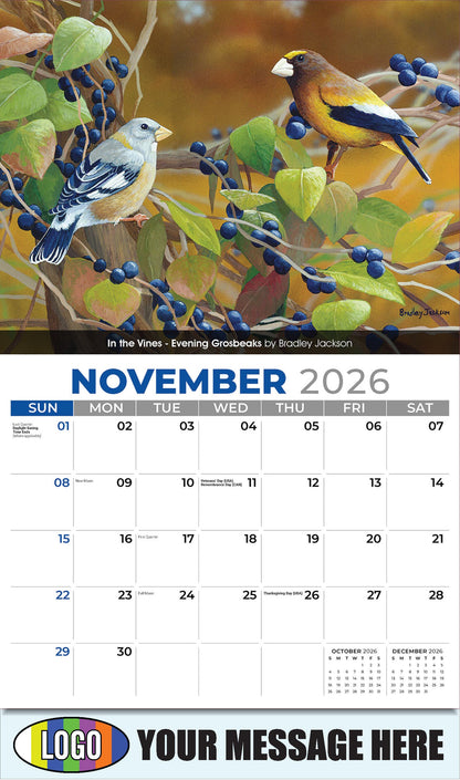 2026 Business Promotion Calendar - Garden Birds - In the Vines - Evening Grosbeaks by Bradley Jackson - November