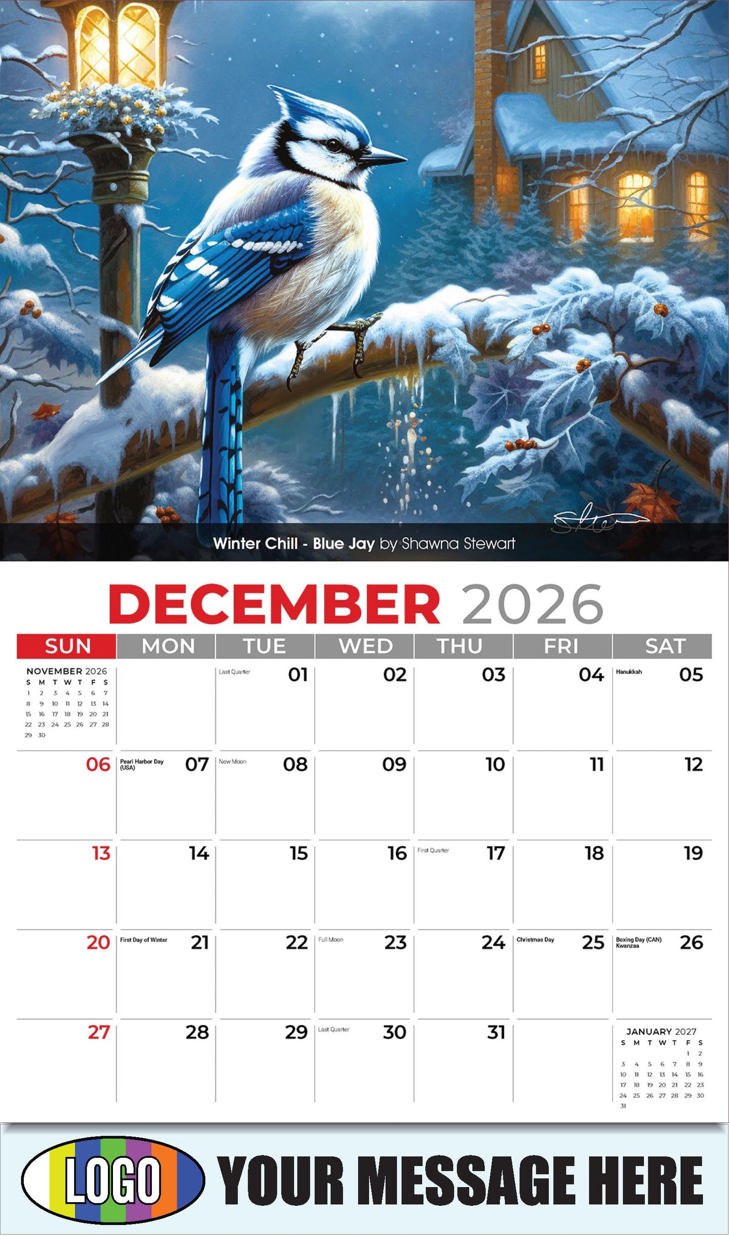 2026 Business Promotion Calendar - Garden Birds - Winter Chill - Blue Jay by Shawna Stewart - December