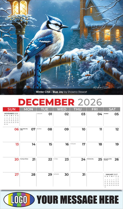 2026 Business Promotion Calendar - Garden Birds - Winter Chill - Blue Jay by Shawna Stewart - December