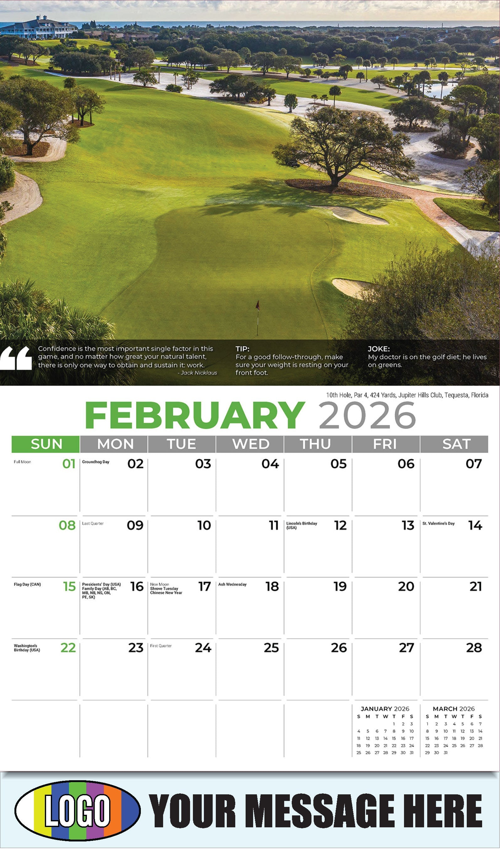 2026 Business Promotional Calendar - 10th Hole, Par 4, 424 Yards, Jupiter Hills Club, Tequesta, Florida - February