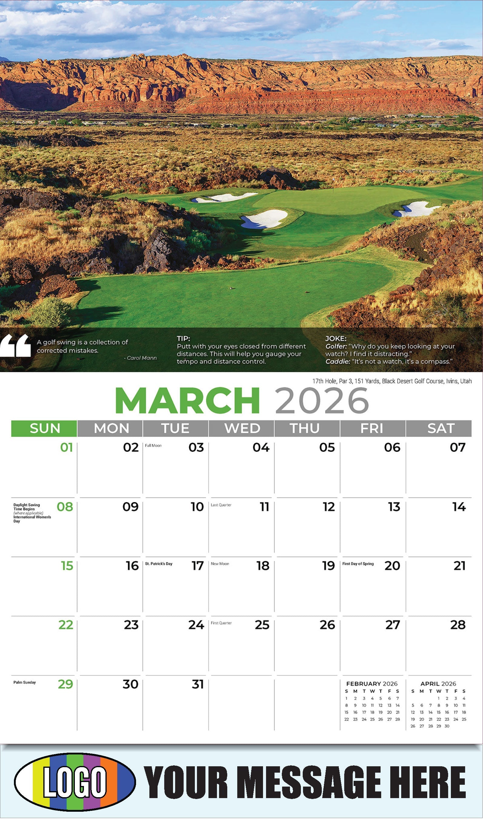 2026 Business Promotional Calendar - 17th Hole, Par 3, 151 Yards, Black Desert Golf Course, Ivins, Utah - March