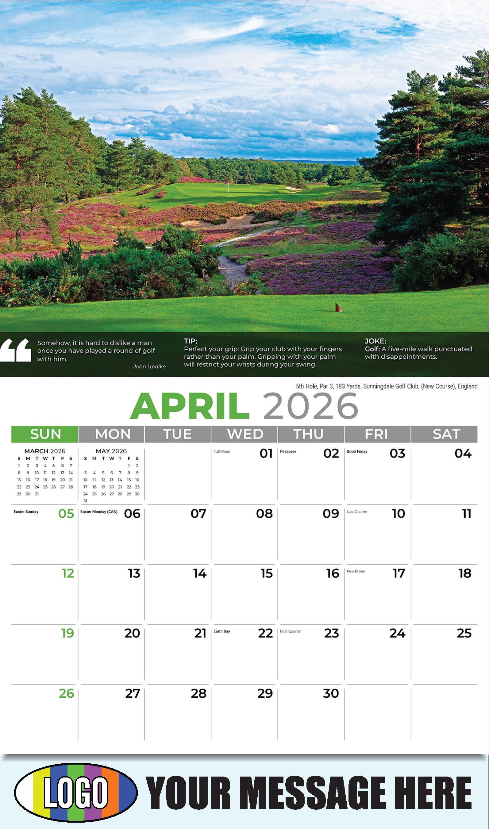 2026 Business Advertising Calendar - 5th Hole, Par 3, 183 Yards, Sunningdale Golf Club, (New Course), England  - April