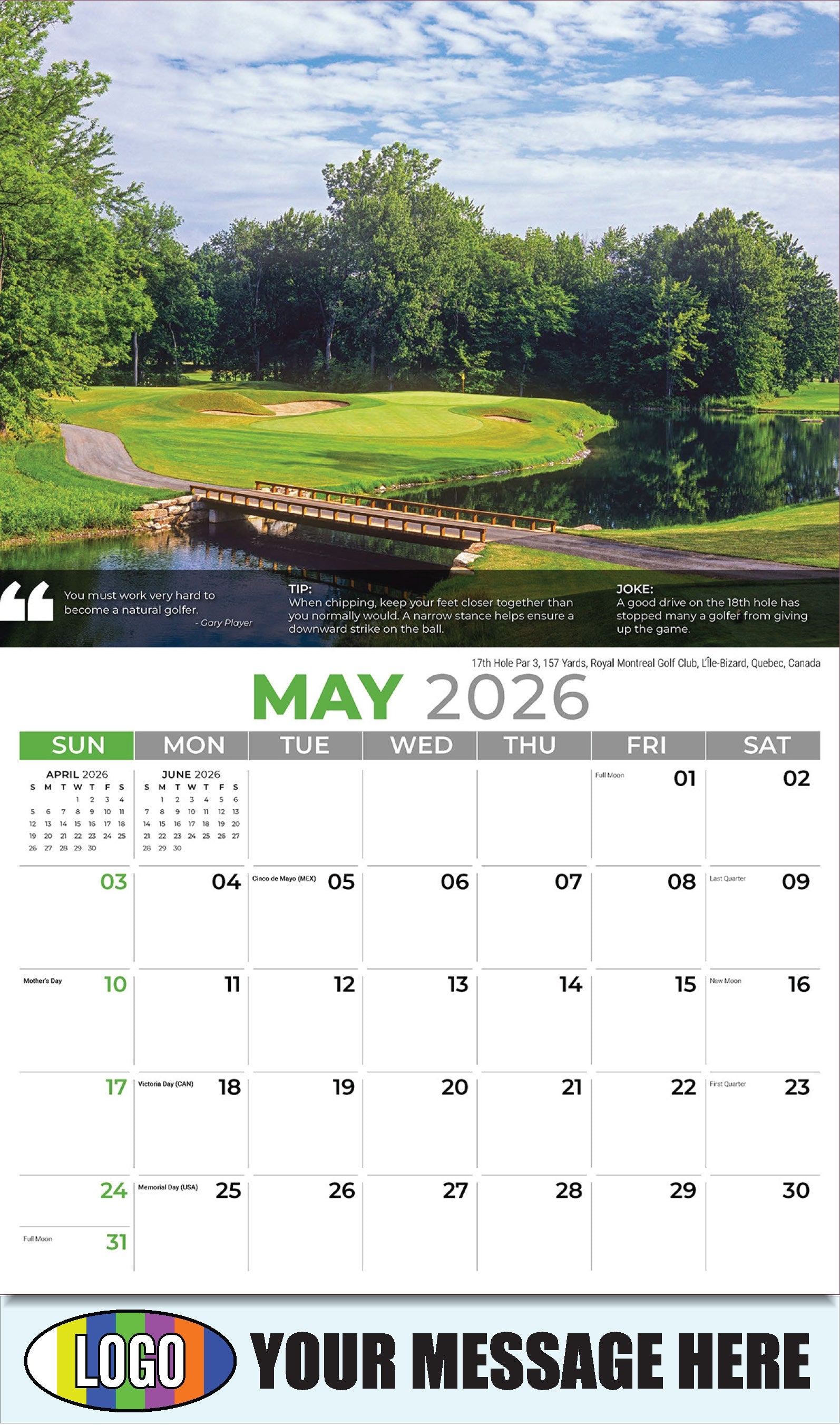 2026 Business Advertising Calendar - 17th Hole Par 3, 157 Yards, Royal Montreal Golf Club, L'Île-Bizard, Quebec, Canada - May