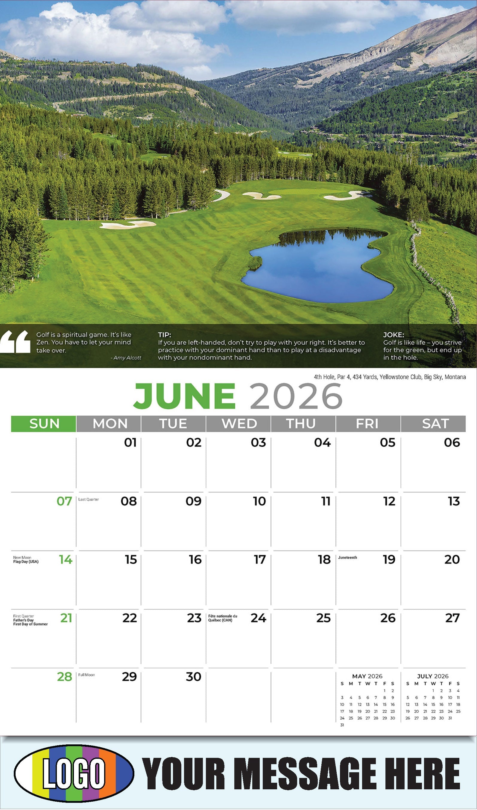 2026 Business Advertising Calendar - 4th Hole, Par 4, 434 Yards, Yellowstone Club, Big Sky, Montana - June