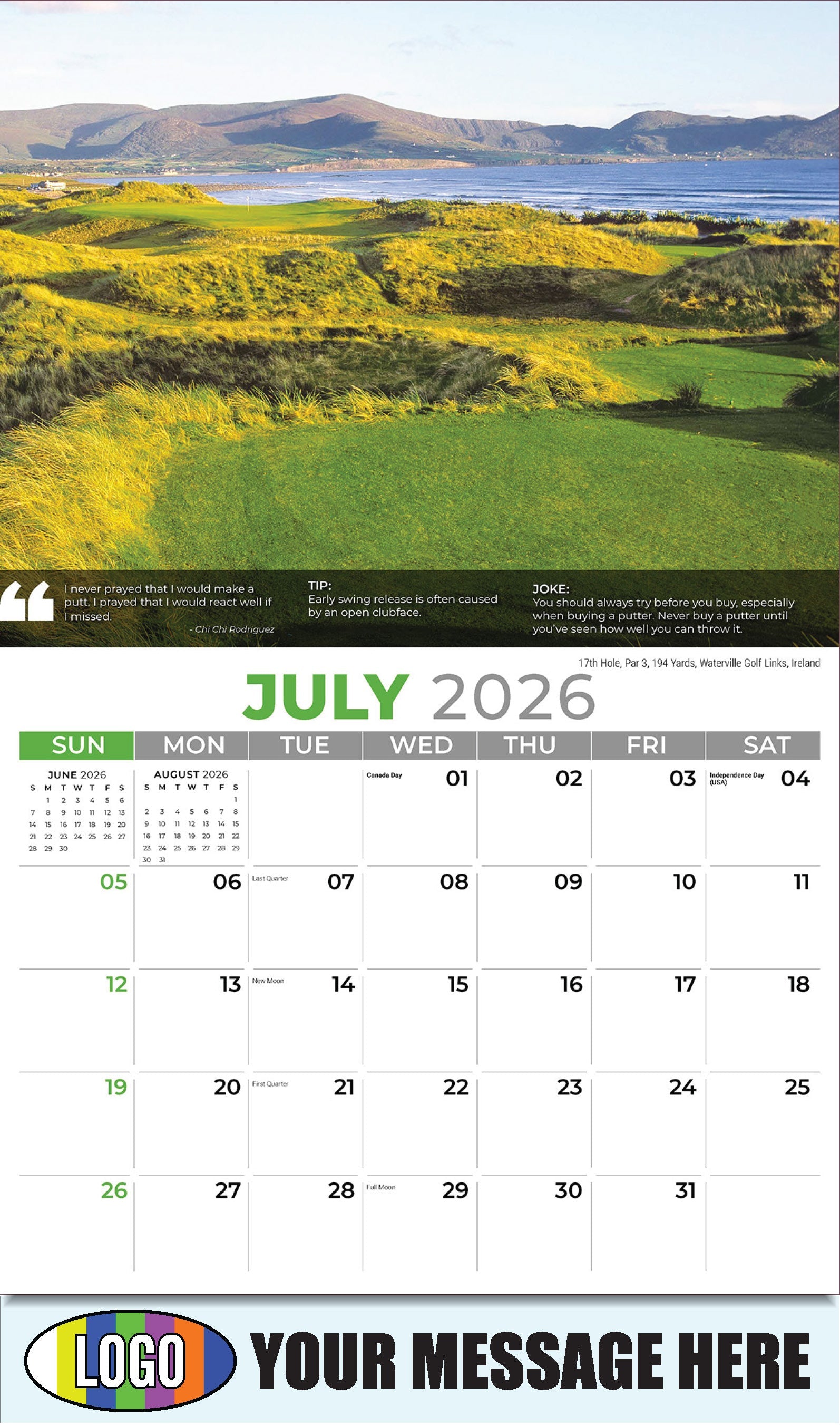 2026 Business Promo Calendar - 17th Hole, Par 3, 194 Yards, Waterville Golf Links, Ireland - July