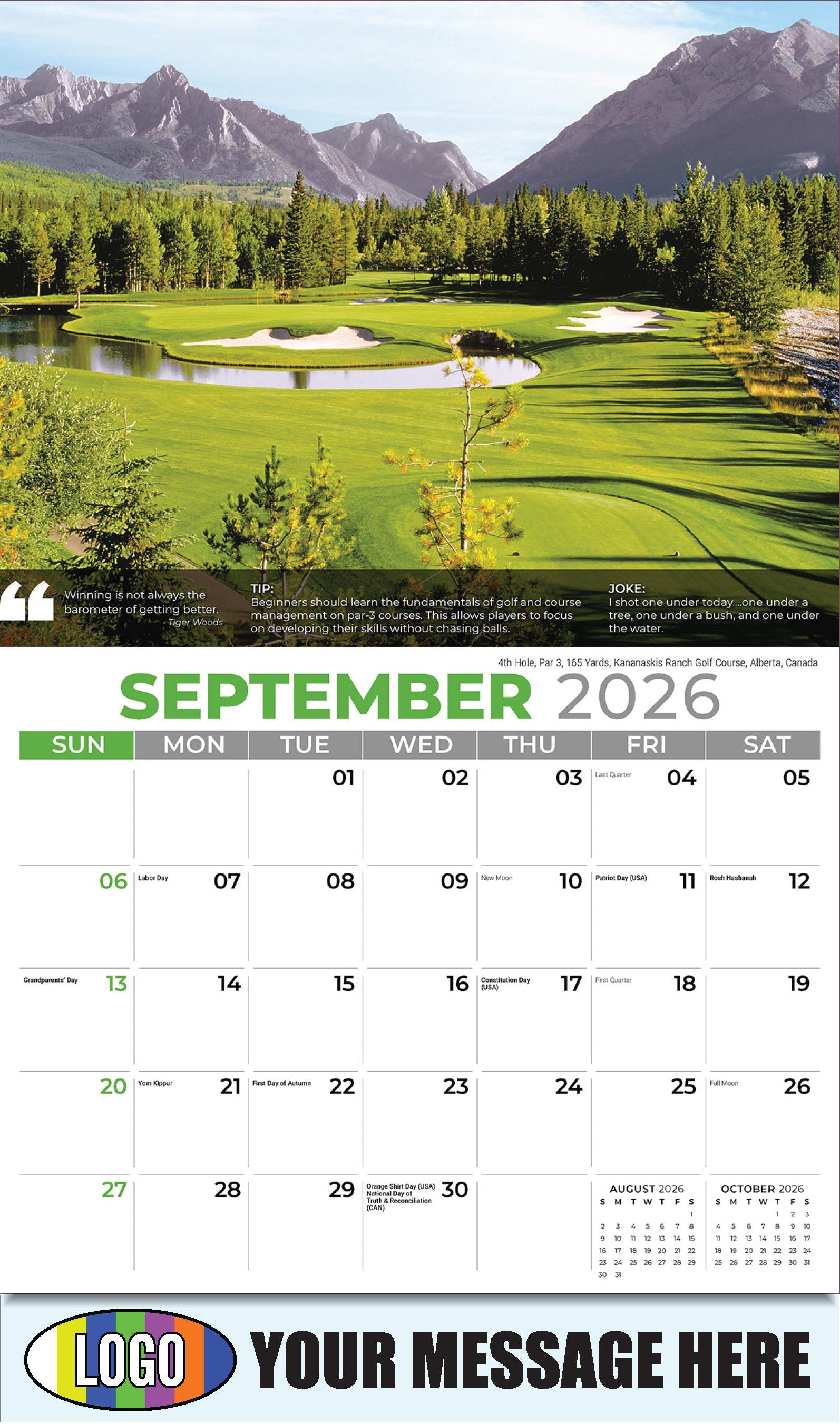 2026 Business Promo Calendar - 4th Hole, Par 3, 165 Yards, Kananaskis Ranch Golf Course, Alberta, Canada - September