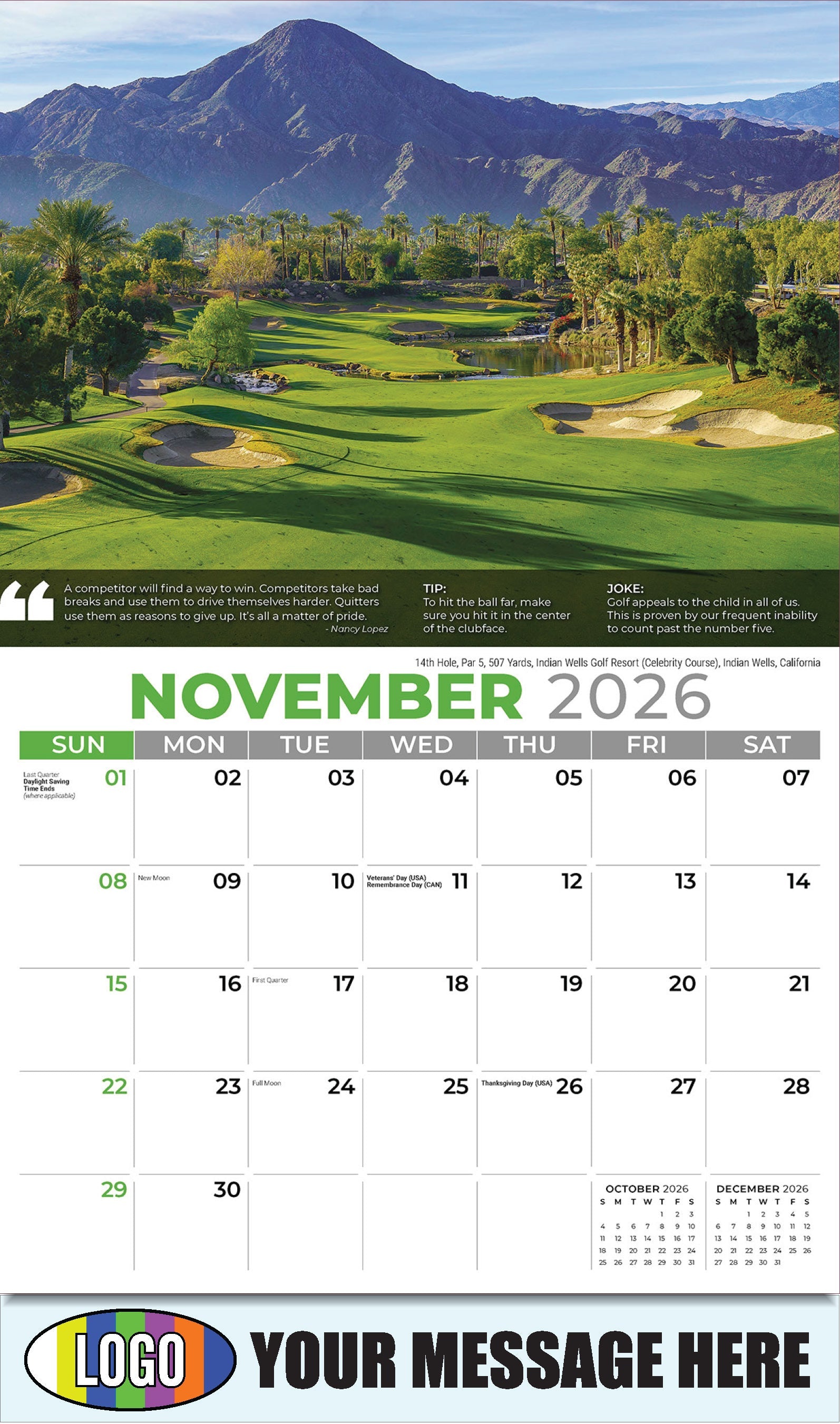 2026 Business Promotion Calendar - 14th Hole, Par 5, 507 Yards, Indian Wells Golf Resort (Celebrity Course), Indian Wells, California - November