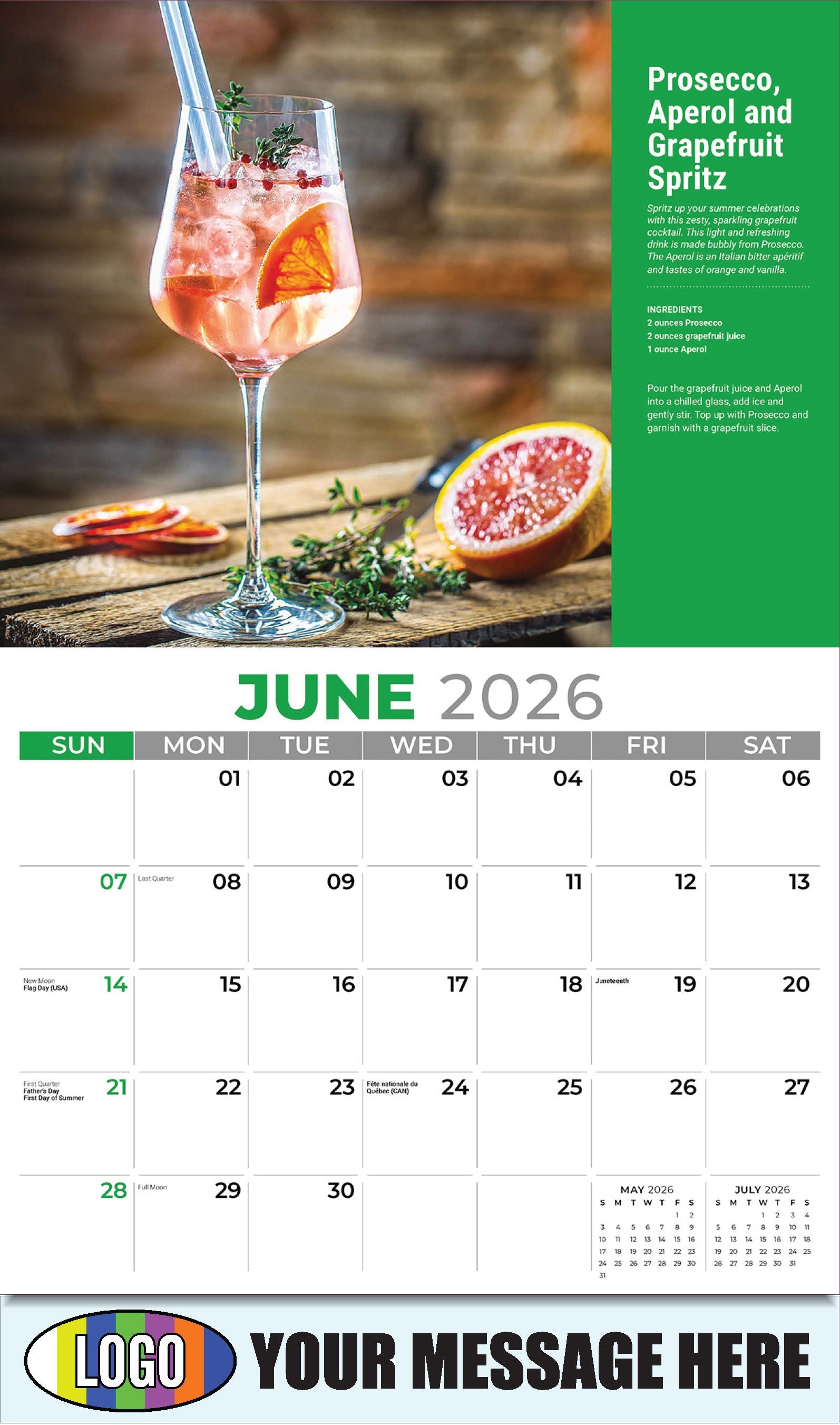 2026 Business Advertising Calendar - Prosecco, Aperol and Grapefruit Spritz - June