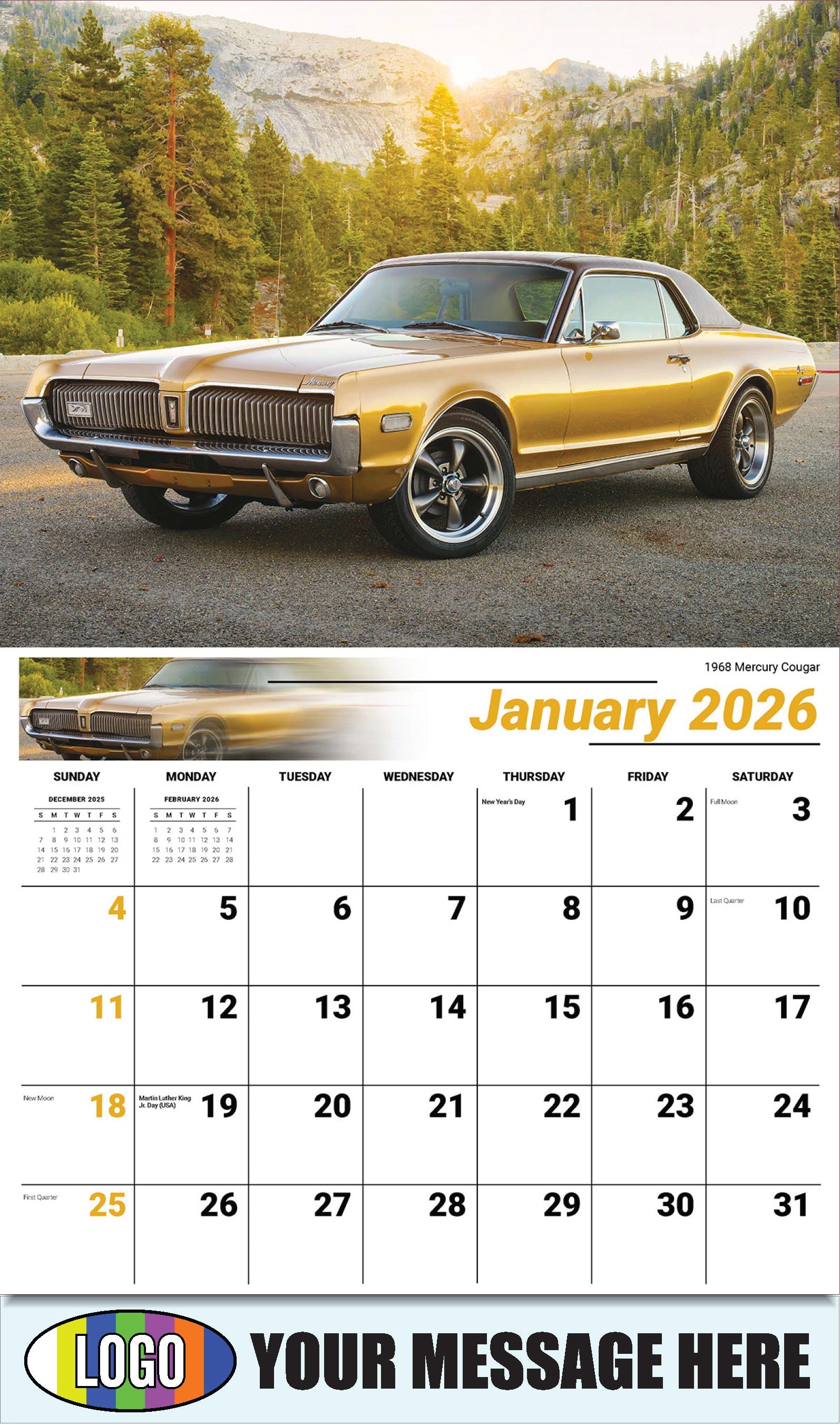 2026 Business Promotional Calendar - Henry's Heritage FORD Cars - 1968 Mercury Cougar - January