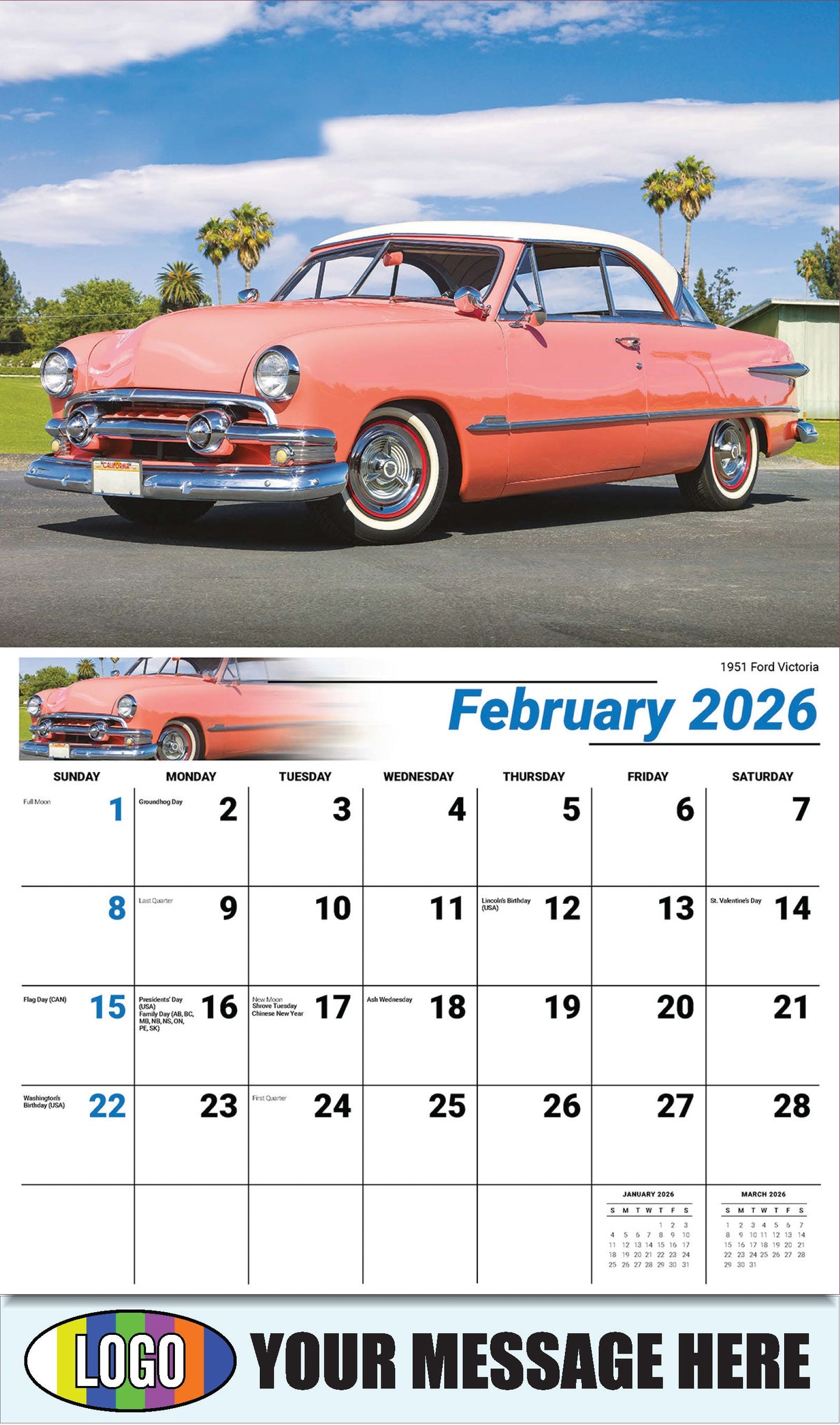 2026 Business Promotional Calendar - Henry's Heritage FORD Cars - 1951 Ford Victoria - February