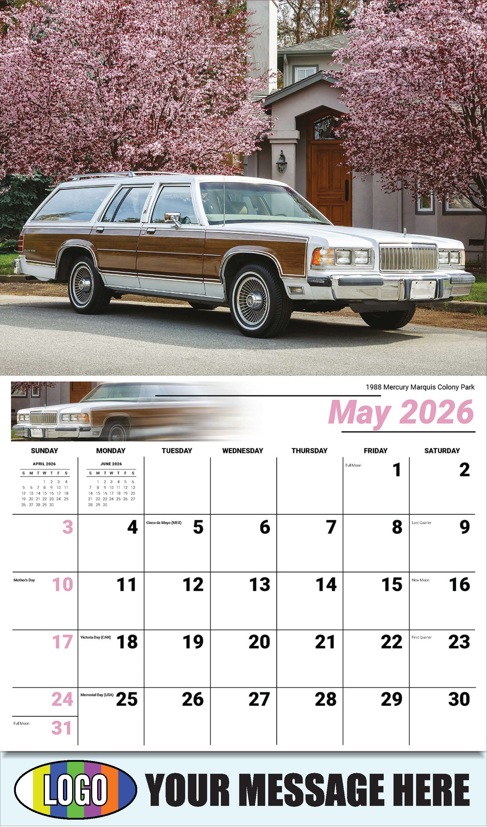 2026 Business Advertising Calendar - Henry's Heritage FORD Cars - 1988 Mercury Marquis Colony Park - May