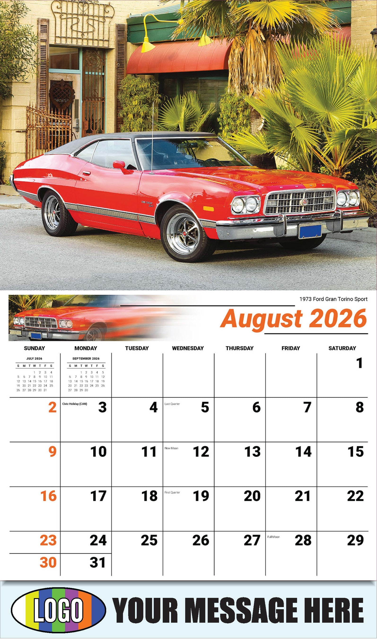 2026 Business Promo Calendar - Henry's Heritage FORD Cars - 1973 Ford Gran Torino Sport - August