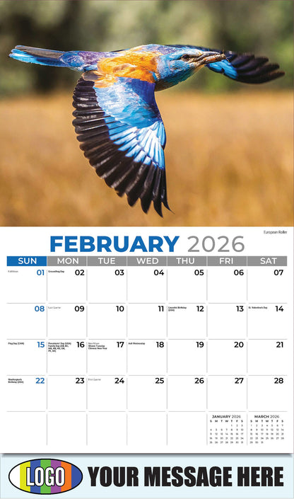 2026 Business Promotional Calendar - International Wildlife - European Roller - February