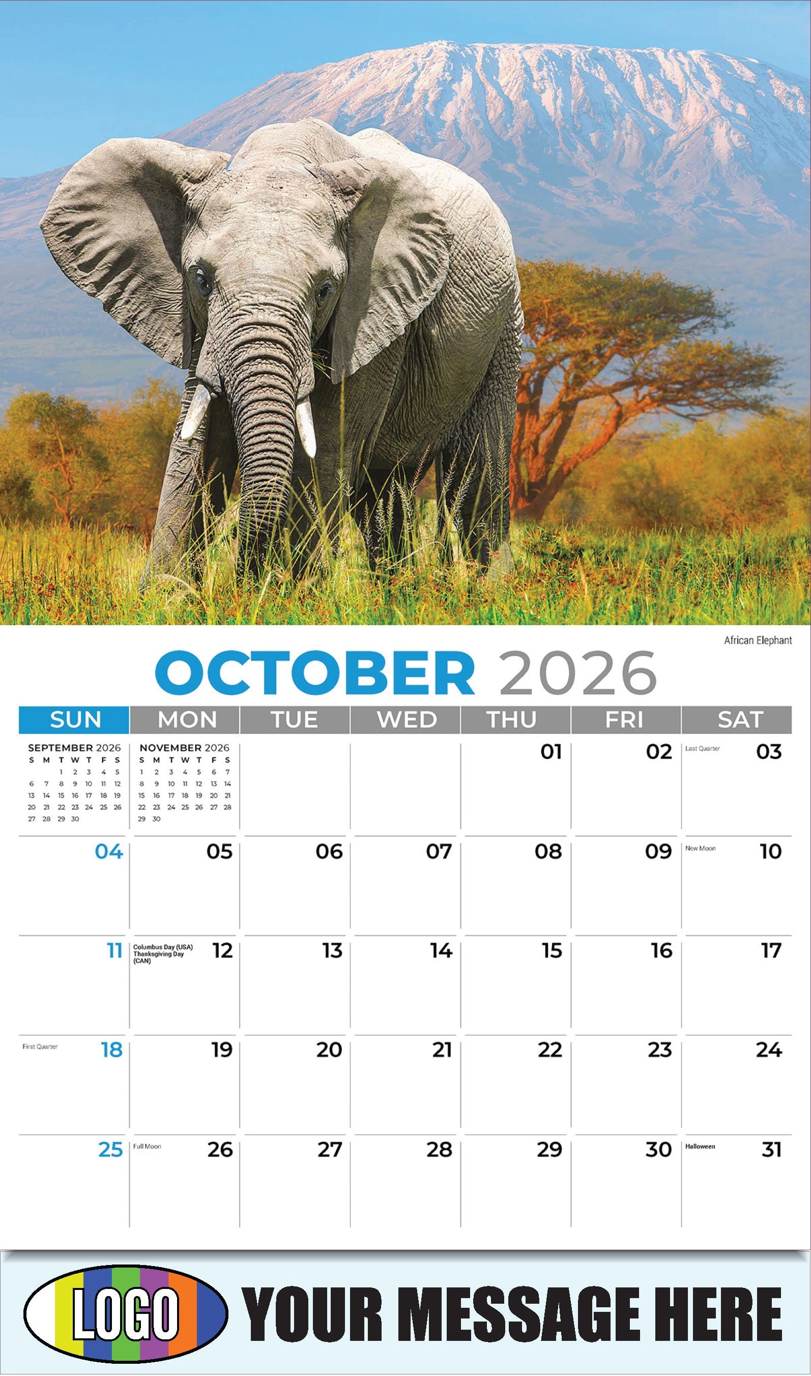 2026 Business Promotion Calendar - International Wildlife - African Elephant - October