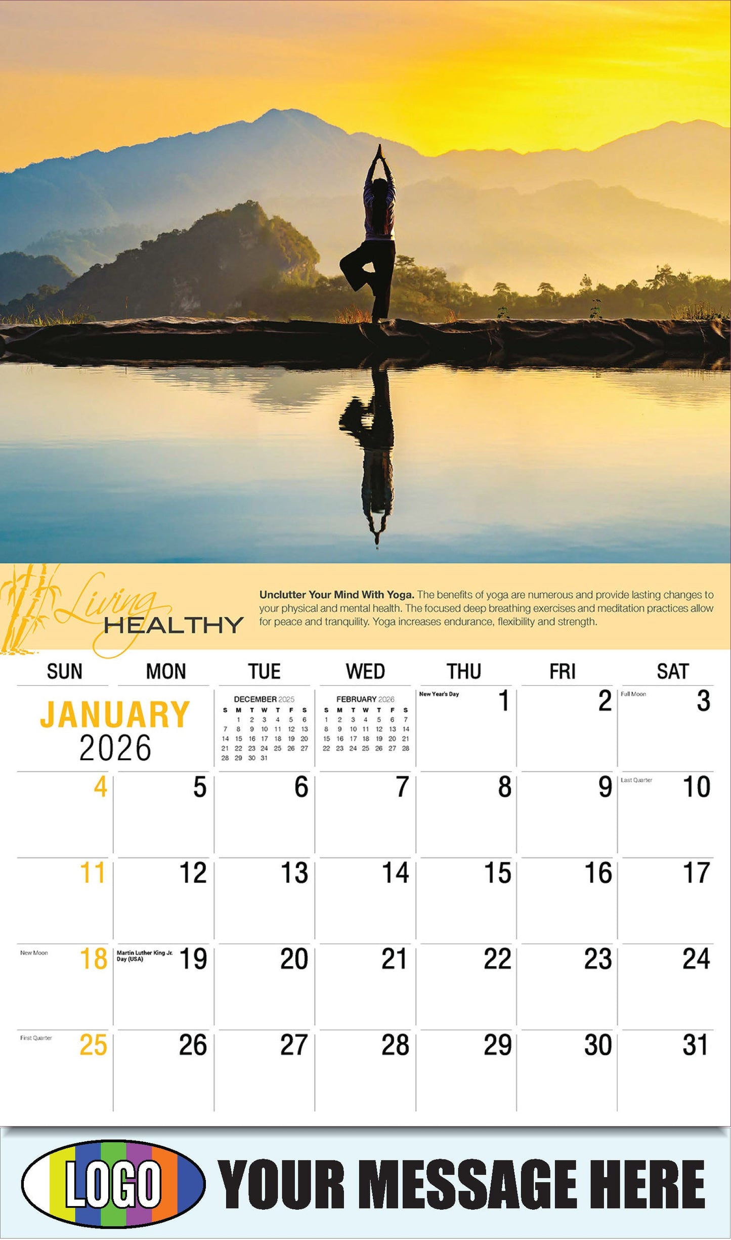 2026 Business Promotional Calendar Living Healthy - January - Unclutter Your Mind With Yoga.