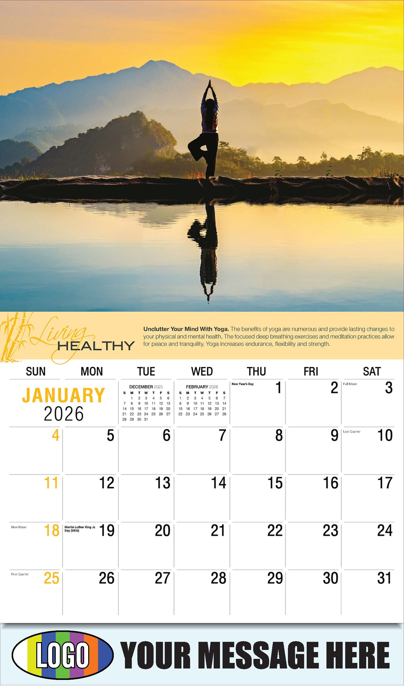 2026 Business Promotional Calendar Living Healthy - January - Unclutter Your Mind With Yoga.