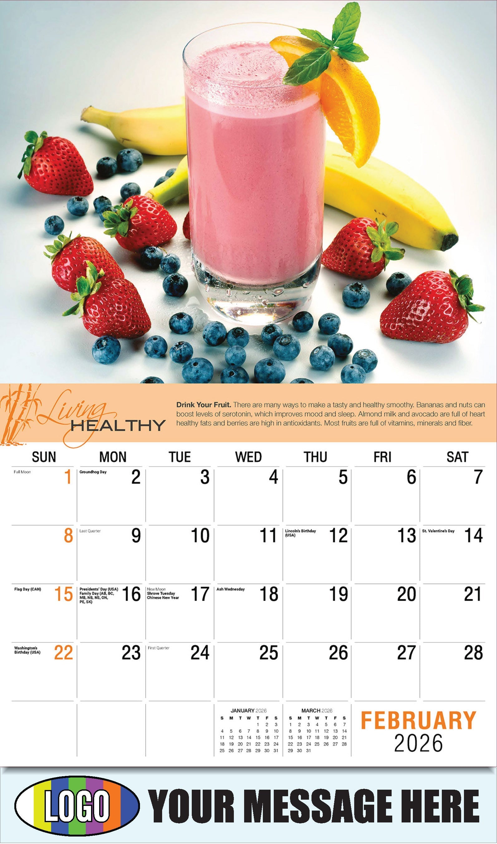 2026 Business Promotional Calendar Living Healthy - February - Drink Your Fruit.
