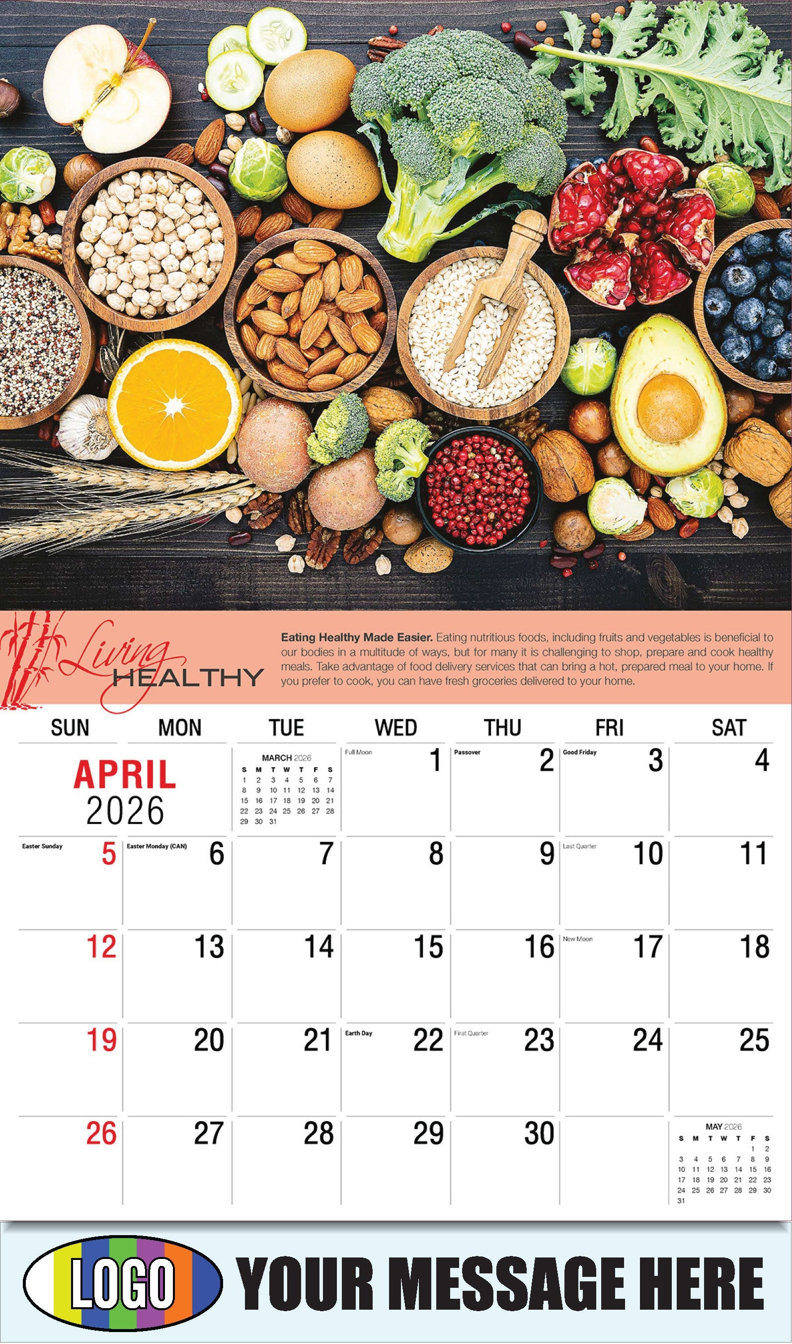 2026 Business Advertising Calendar Living Healthy - April - Eating Healthy Made Easier.