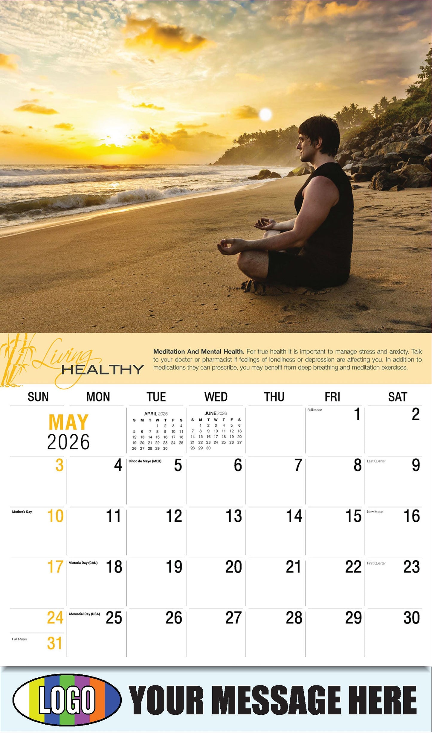 2026 Business Advertising Calendar Living Healthy - May - Meditation And Mental Health.