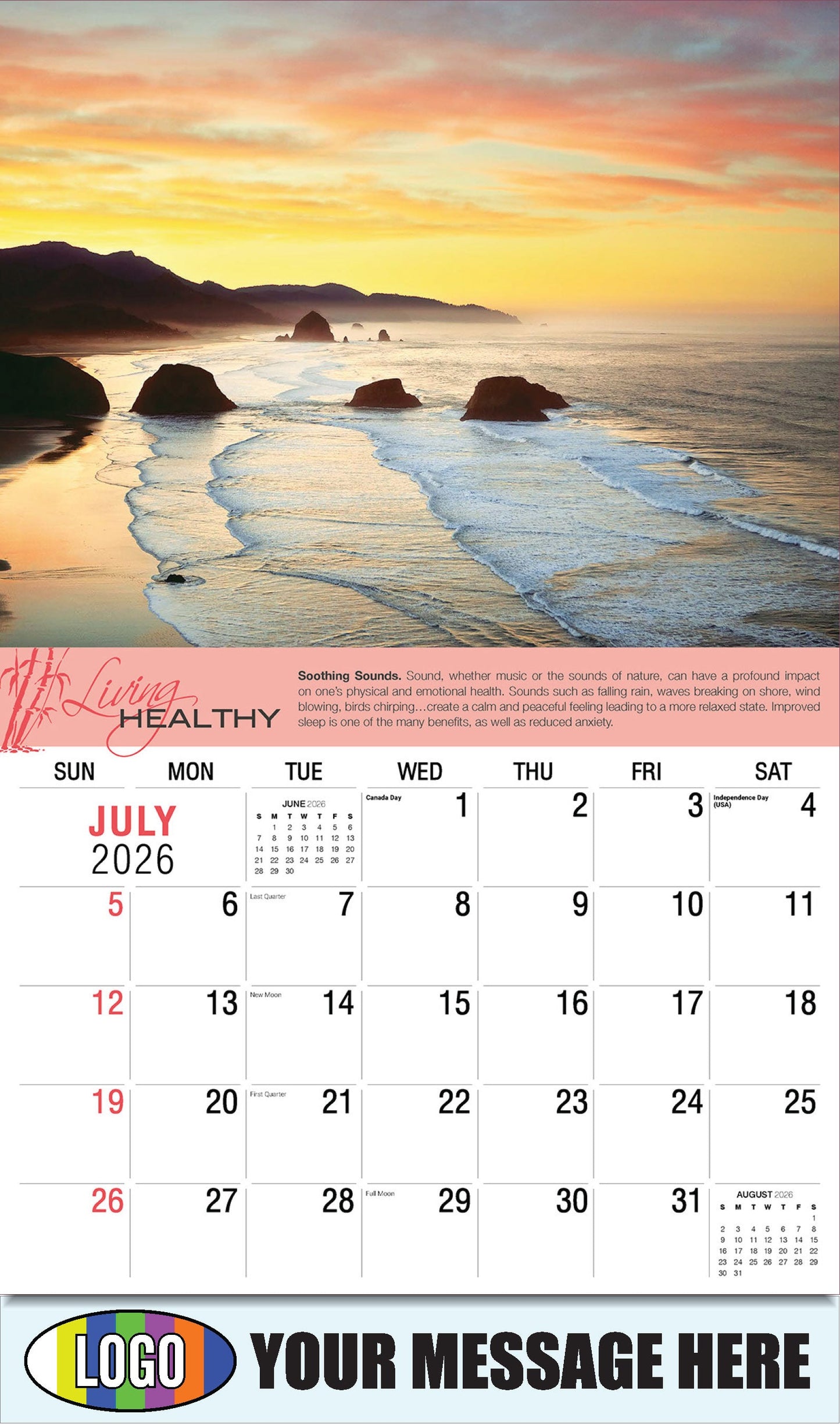 2026 Business Promo Calendar Living Healthy - July - Soothing Sounds.