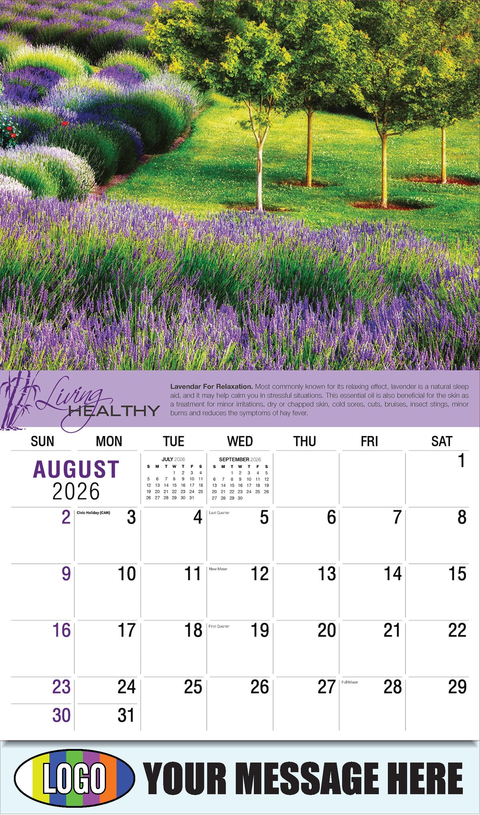 2026 Business Promo Calendar Living Healthy - August - Lavendar For Relaxation.