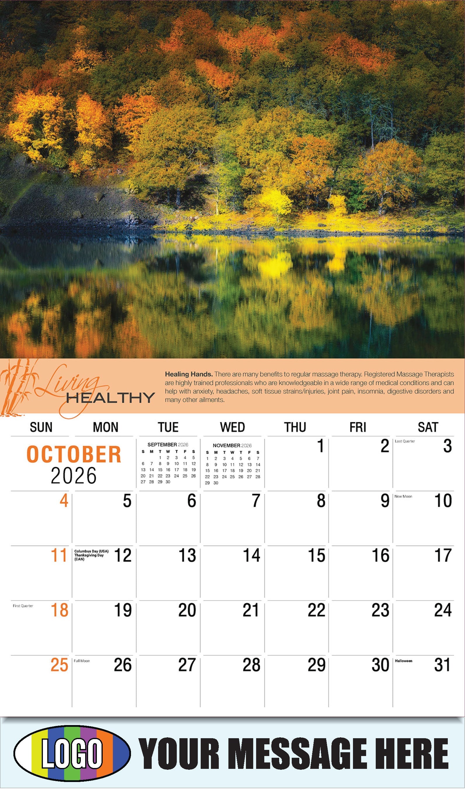 2026 Business Promotion Calendar Living Healthy - October - Healing Hands.