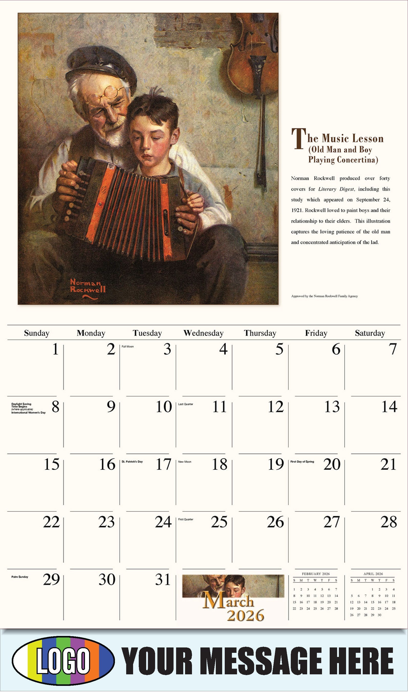 2026 Business Promotional Calendar - Memorable Images by Norman Rockwell - The Music Lesson (Old Man and Boy Playing Concertina) - March