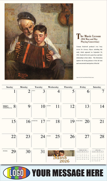 2026 Business Promotional Calendar - Memorable Images by Norman Rockwell - The Music Lesson (Old Man and Boy Playing Concertina) - March