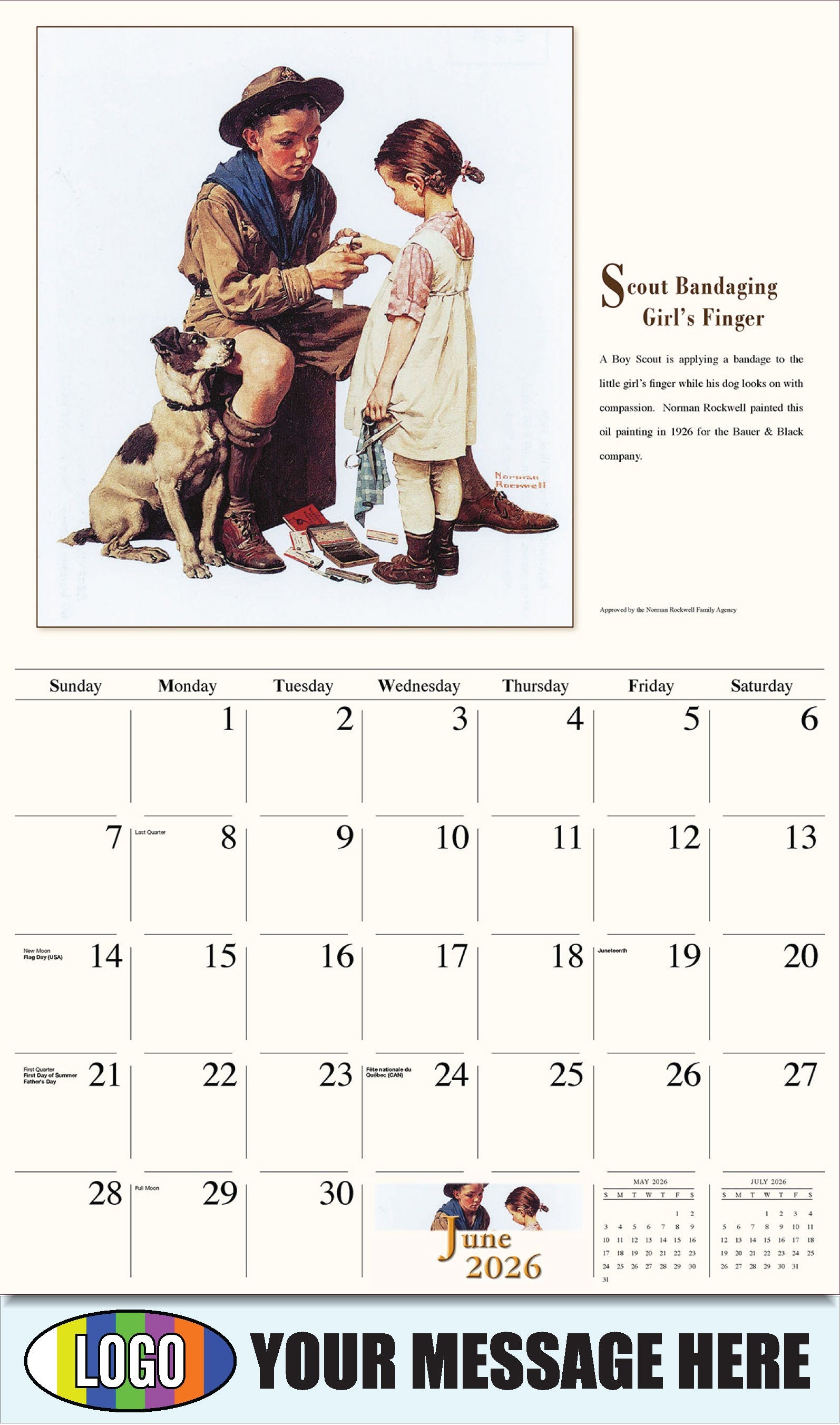 2026 Business Advertising Calendar - Memorable Images by Norman Rockwell - Scout Bandaging Girl’s Finger - June